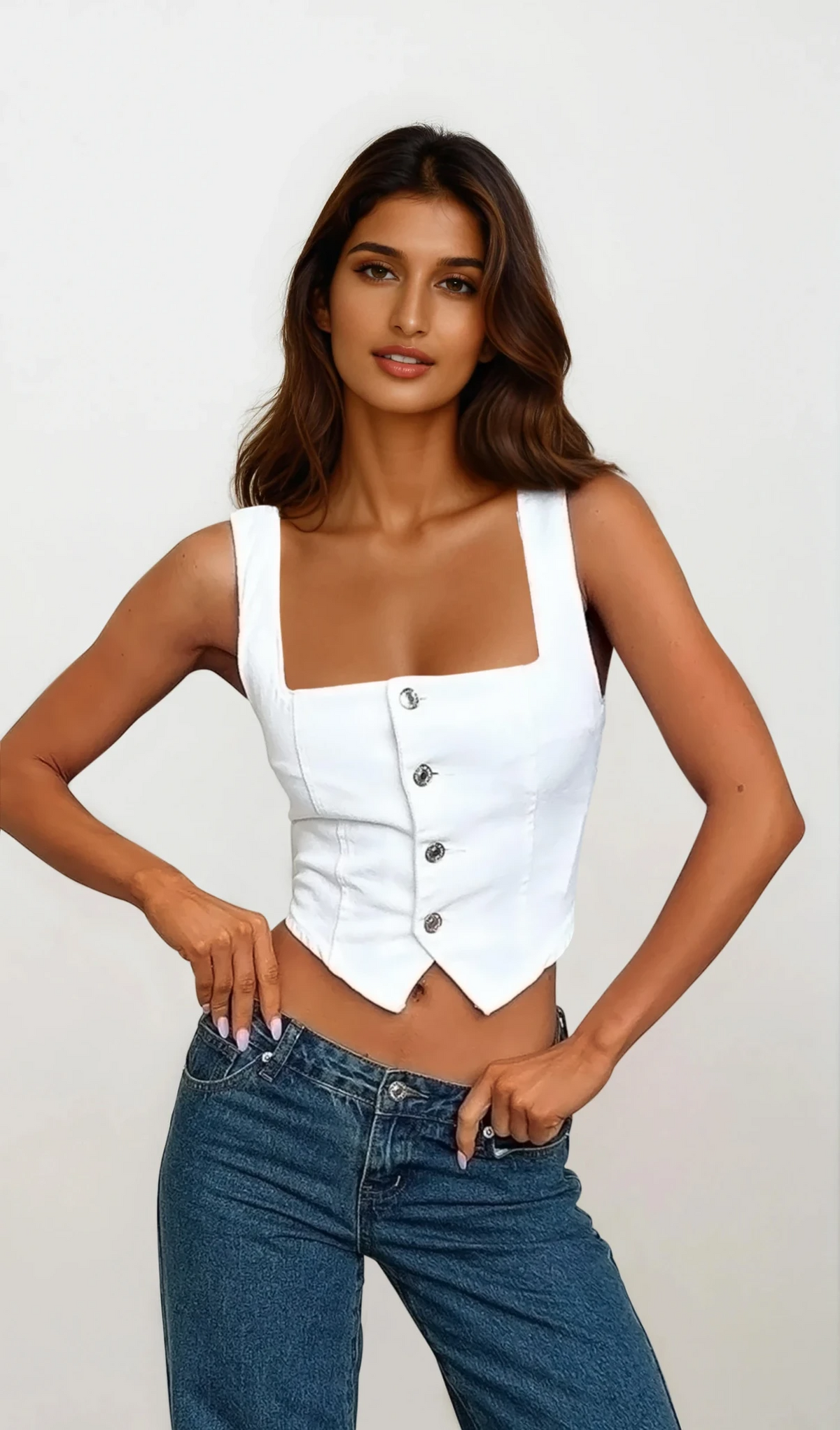 Denim square neck top with smocked back and buttoned front
