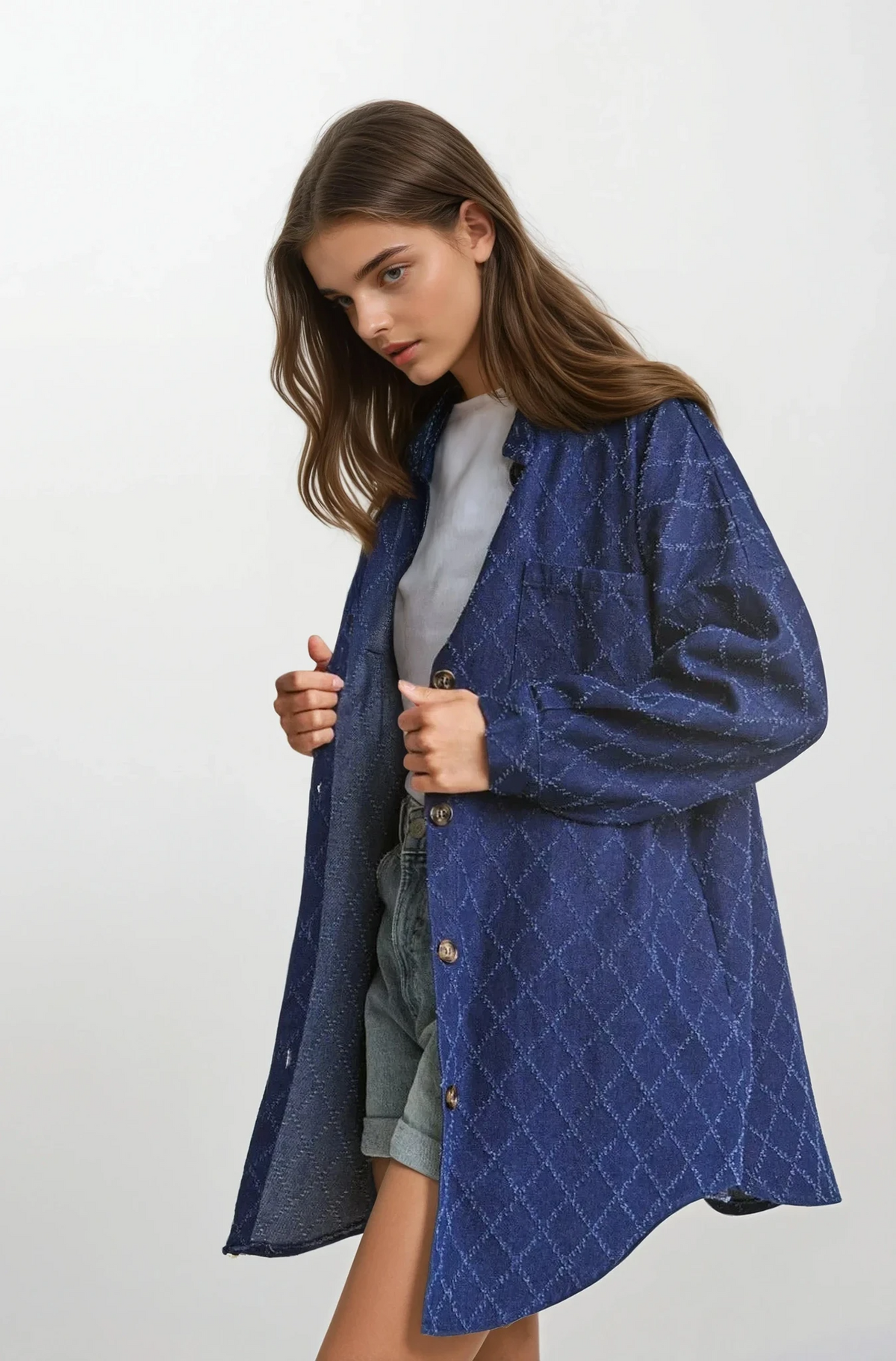 Diamond stitched button-up denim shacket with oversized fit