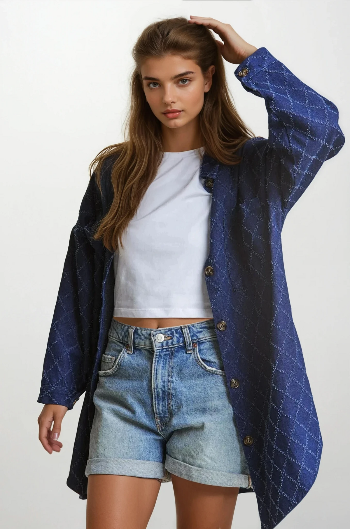 Oversized diamond stitched button-up denim shacket with long sleeves