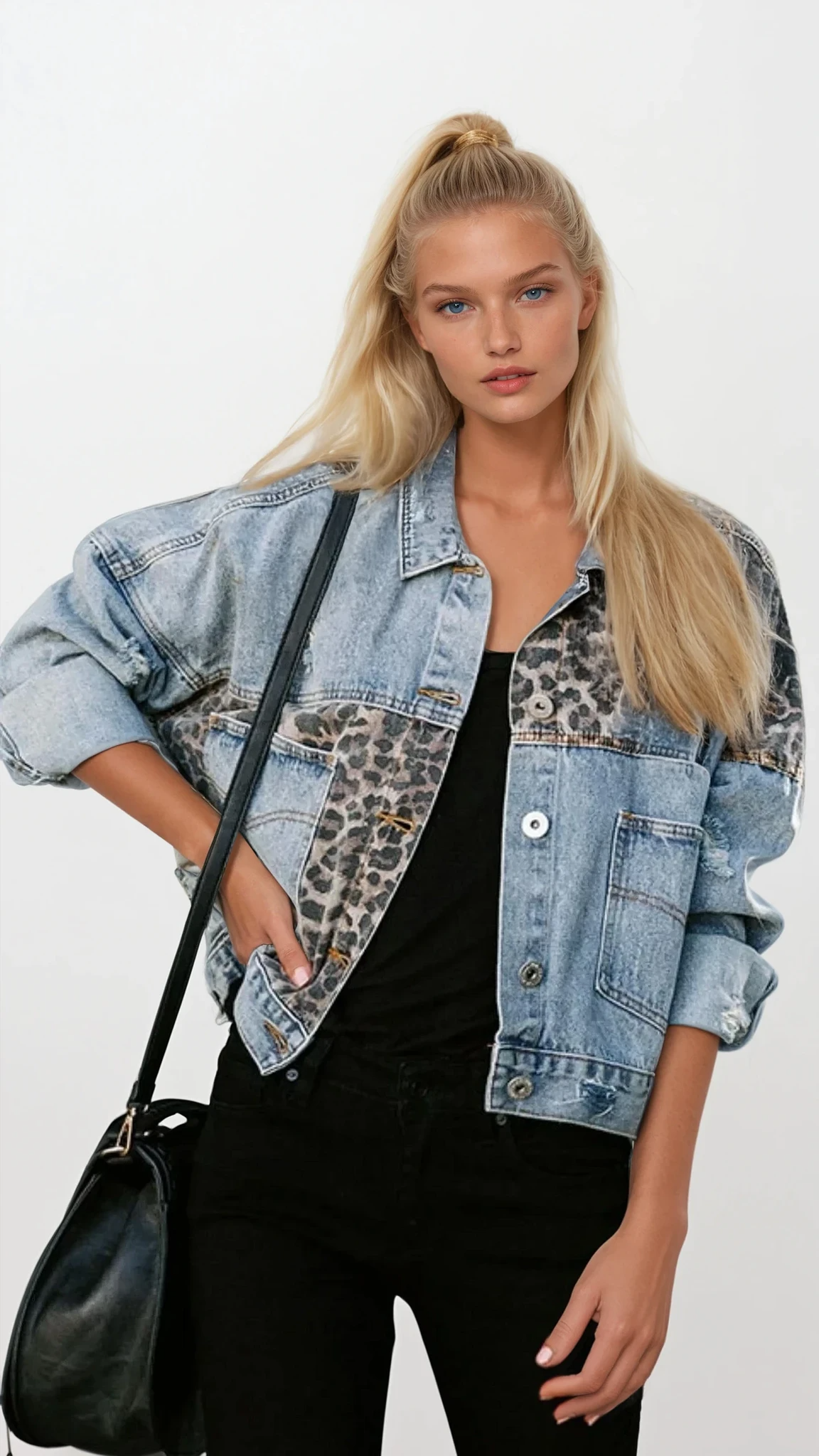 distressed denim leopard dropped shoulder jacket with long sleeves