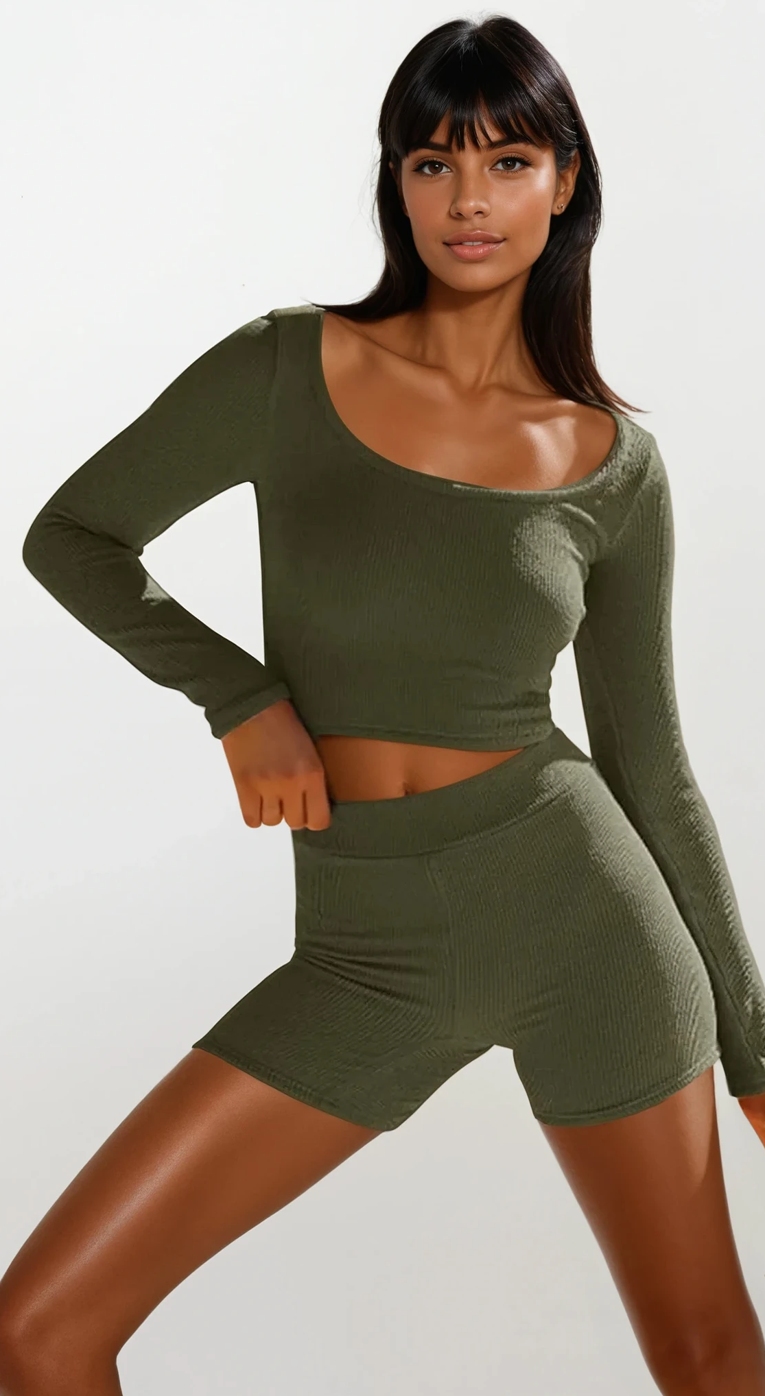 Down Time scoop neck cropped long sleeve and high-waist shorts set lounge