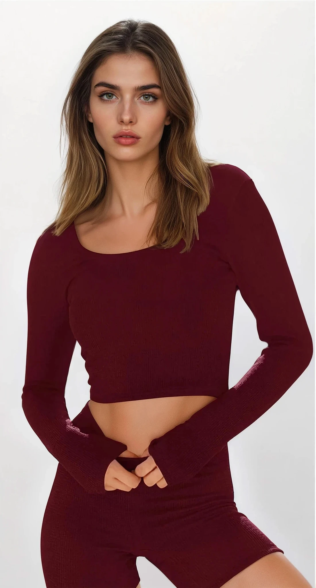 Down Time scoop neck cropped long sleeve and high-waist shorts set lounge