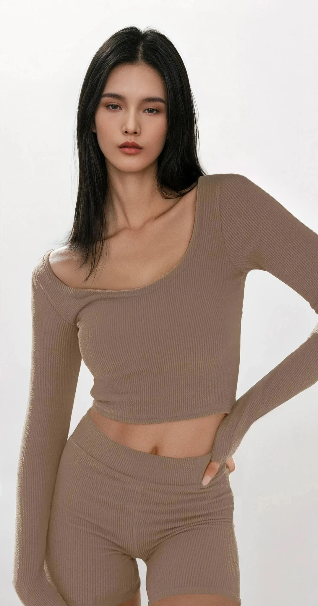 Down Time scoop neck cropped long sleeve and high-waist shorts set lounge