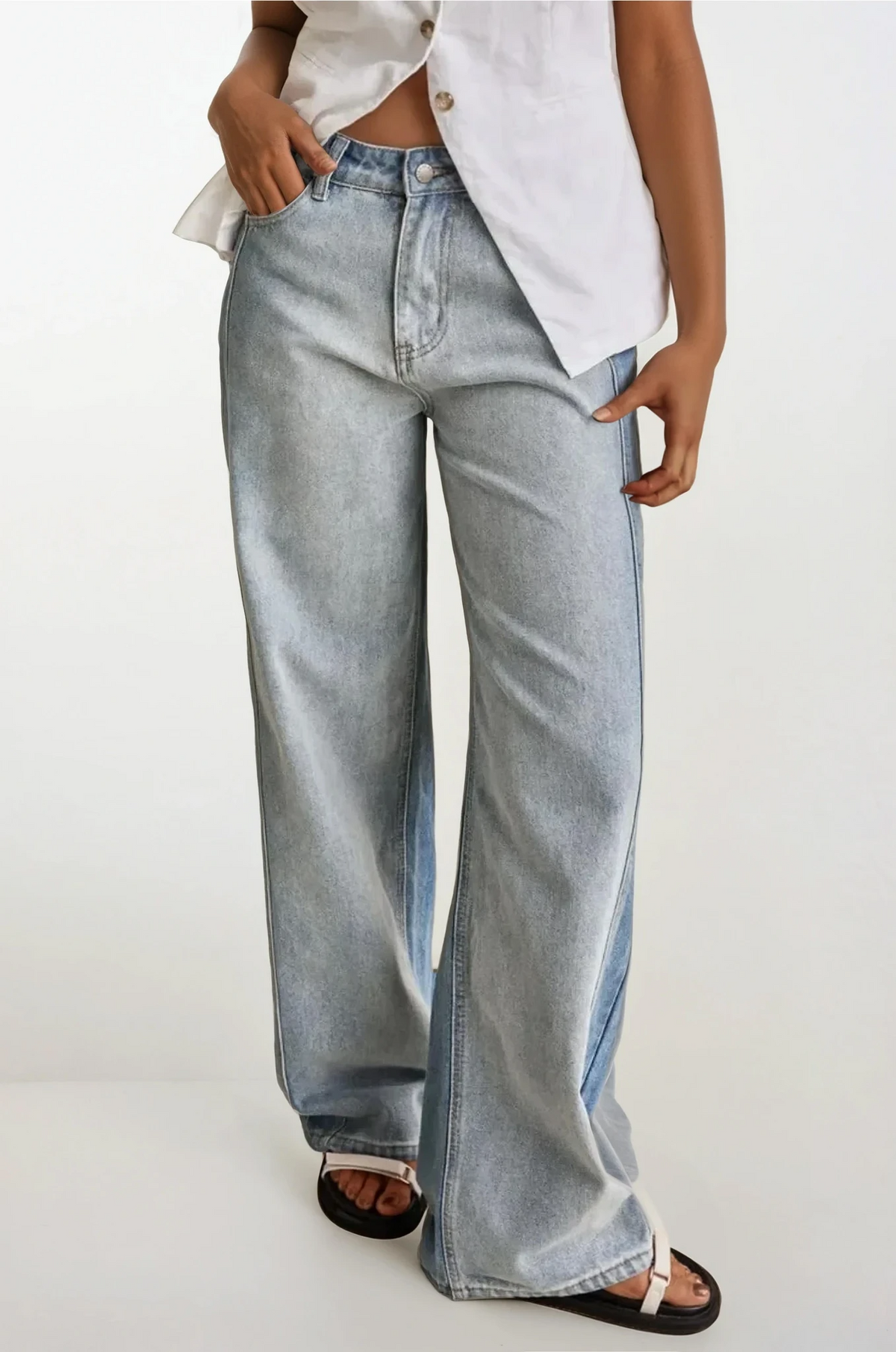Light blue contrast straight leg jeans by Trendsi, showcasing classic denim style with a fitted waist and straight cut.