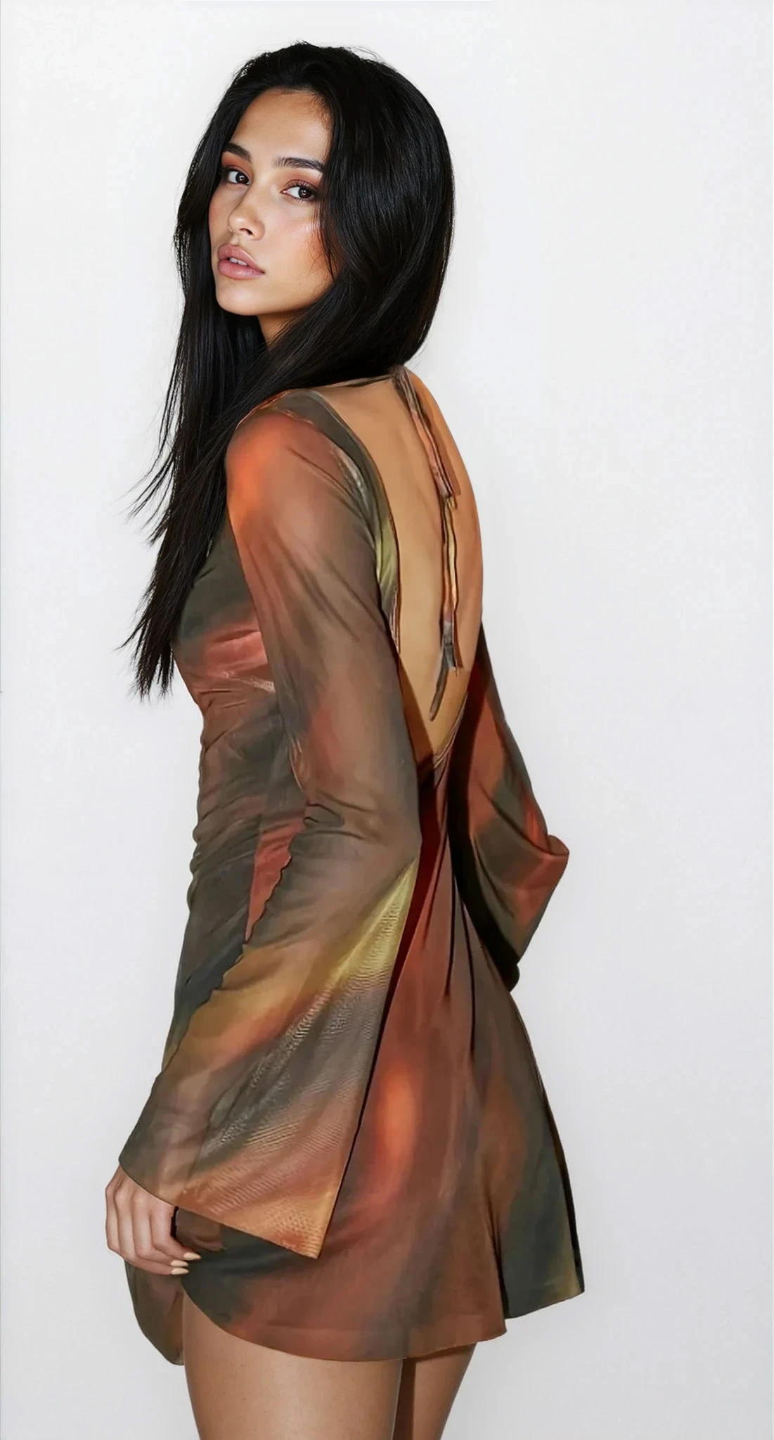 Black volcanic bodycon long sleeve mini dress from Trendsi, form-fitting with a sleek silhouette and stylish design.
