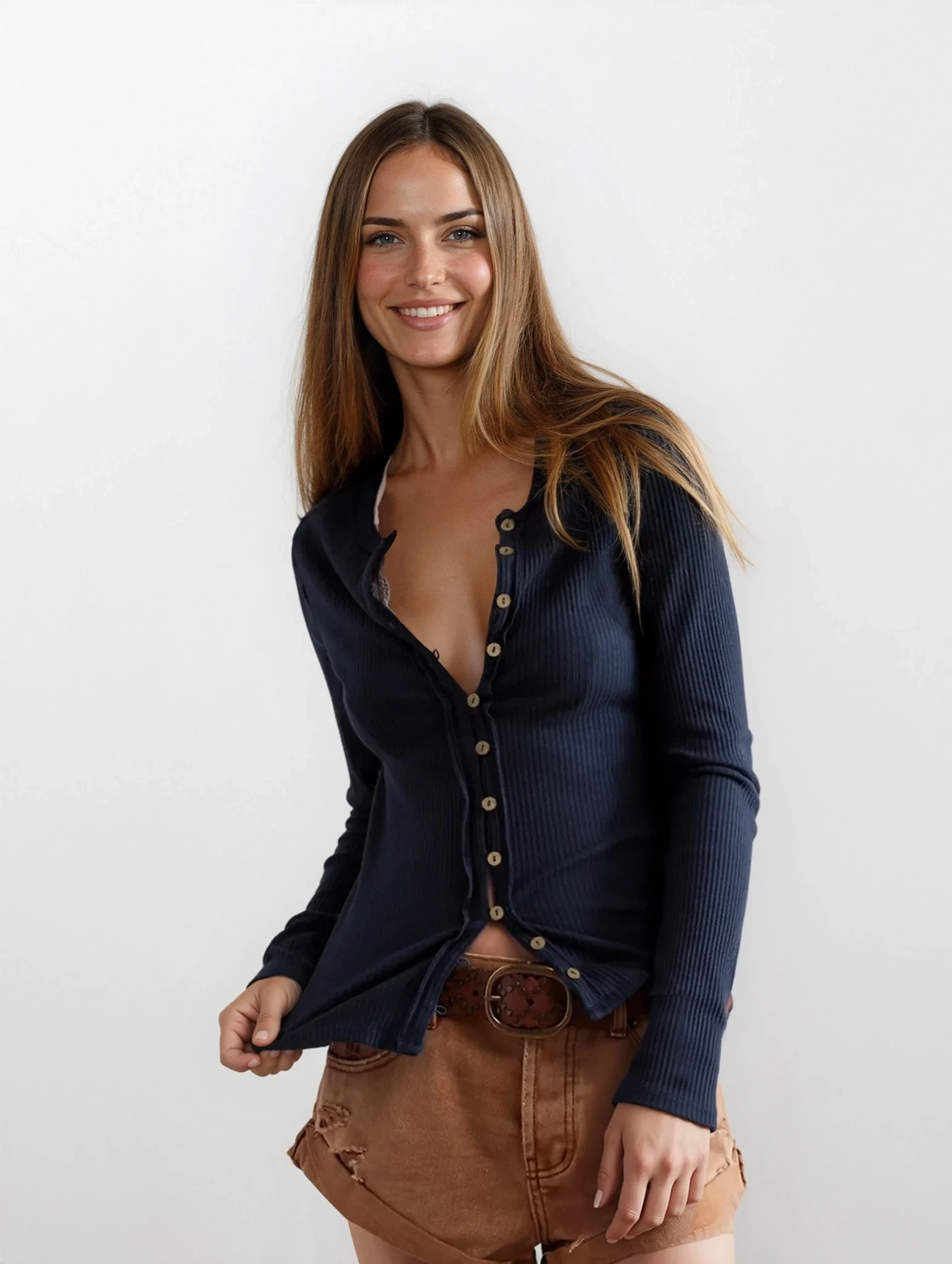 Light blue retro rib-knit long sleeve shirt with round neck and button-down front, made by Trendsi.