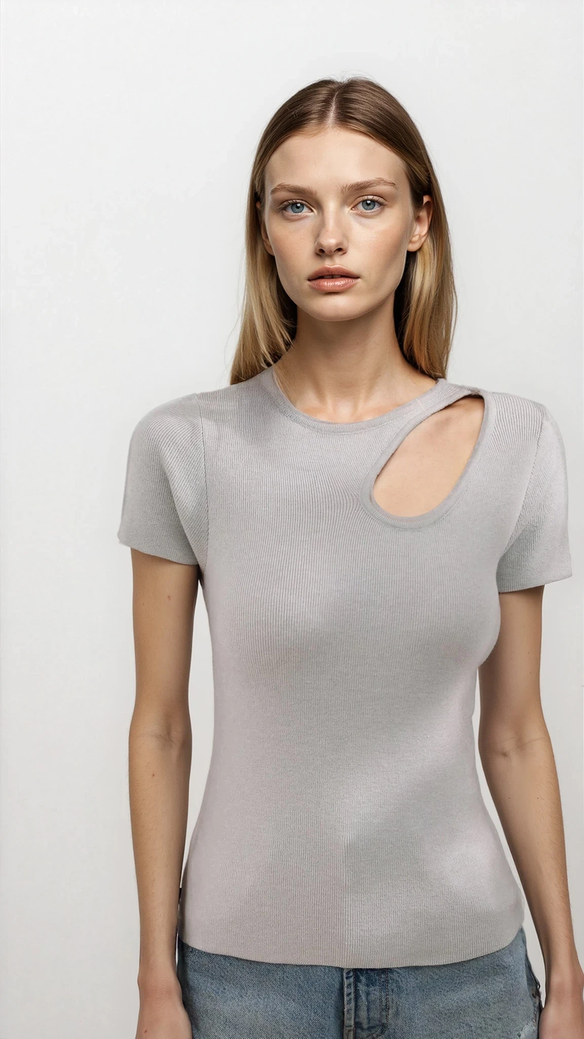 Light beige Luxe Cutout Round Neck Short Sleeve Knit Top by Trendsi, featuring a stylish cutout design and a classic round neckline.