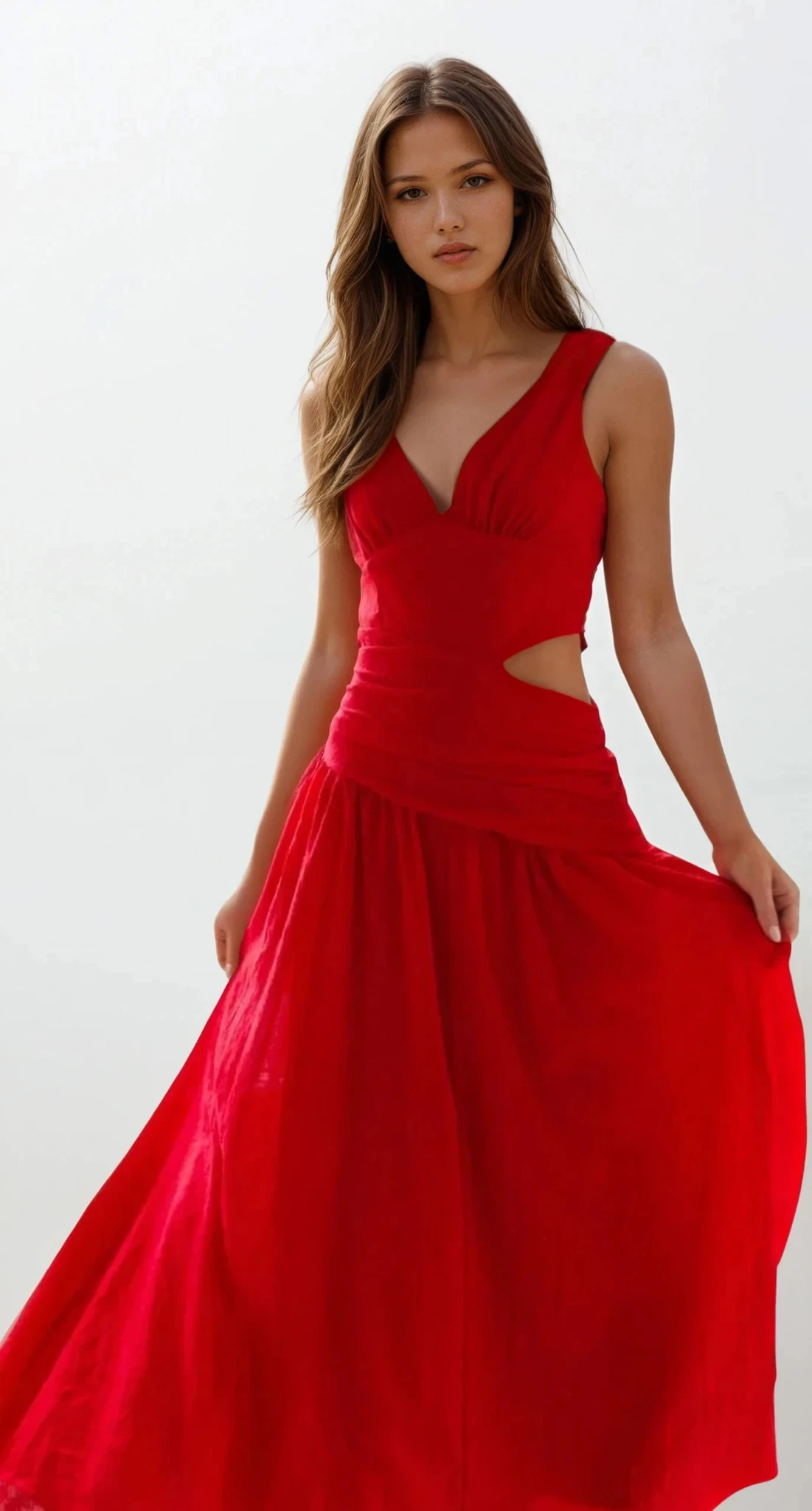 Light blue Slipstream Cutout V-Neck Sleeveless Maxi Dress by Trendsi, featuring a fitted bodice and flowing skirt.