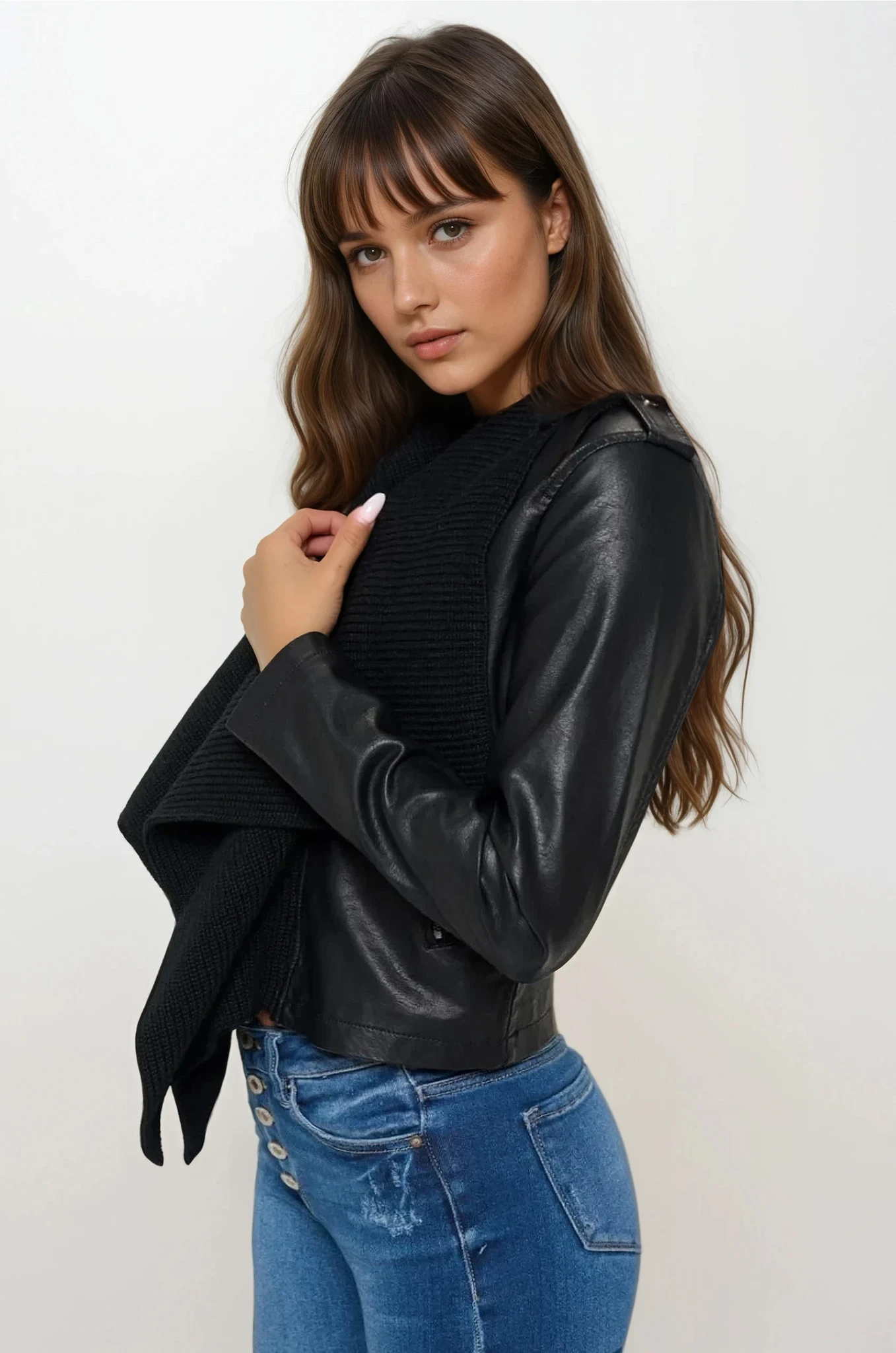 Faux Leather Knit Cropped Jacket