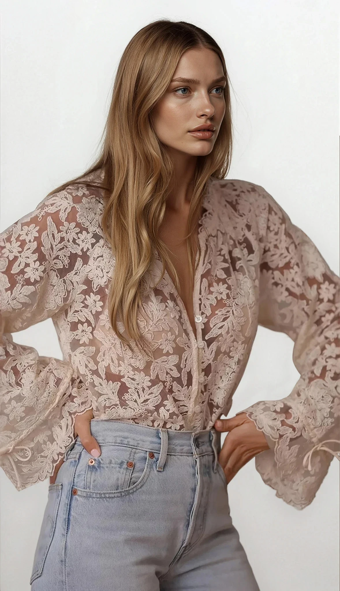 Light blue vintage lace button-up long sleeve shirt from Trendsi, featuring delicate lace details and classic collar.
