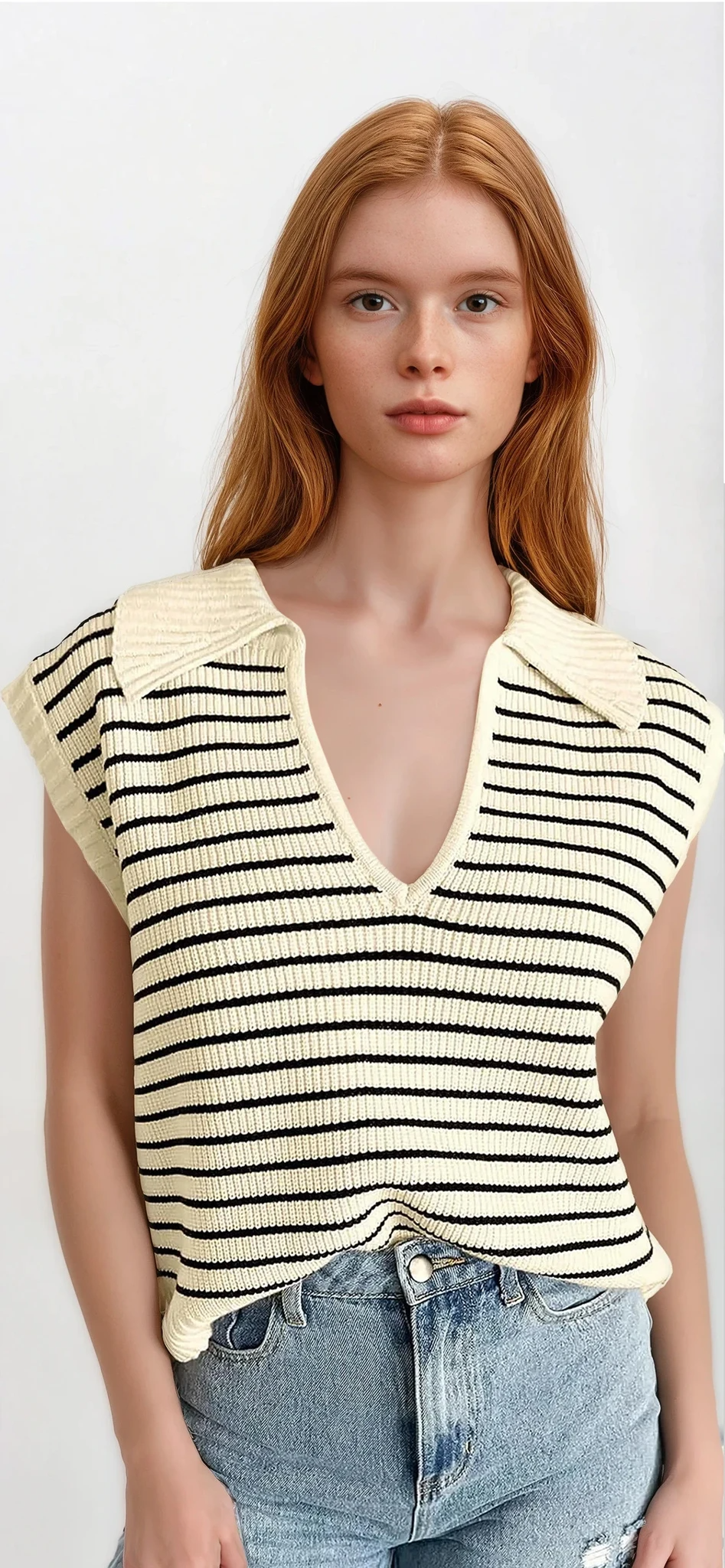 Light blue sailor collar neck knit tank top from Trendsi featuring a classic sailor collar and sleeveless design.