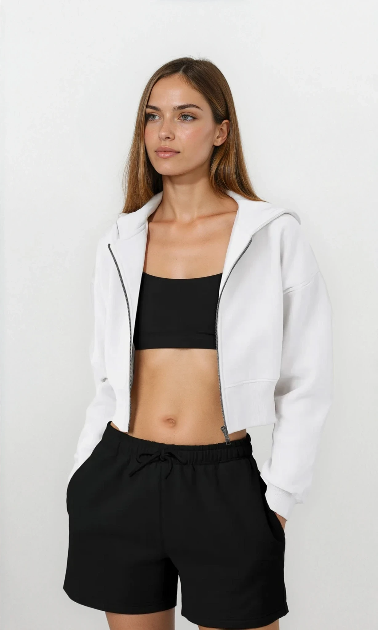 Light gray Downtown full zip cropped hoodie from Trendsi, featuring a casual fit and front zipper closure.
