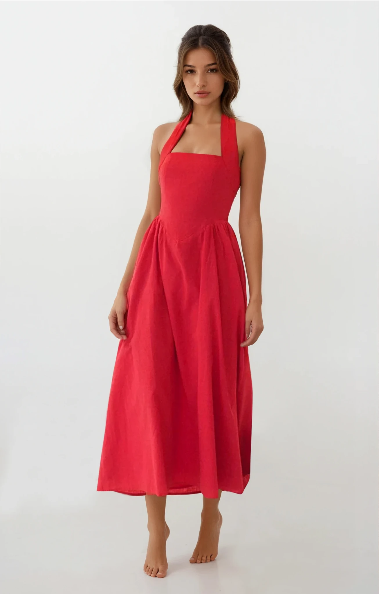 Ruched Halter Neck Midi Dress