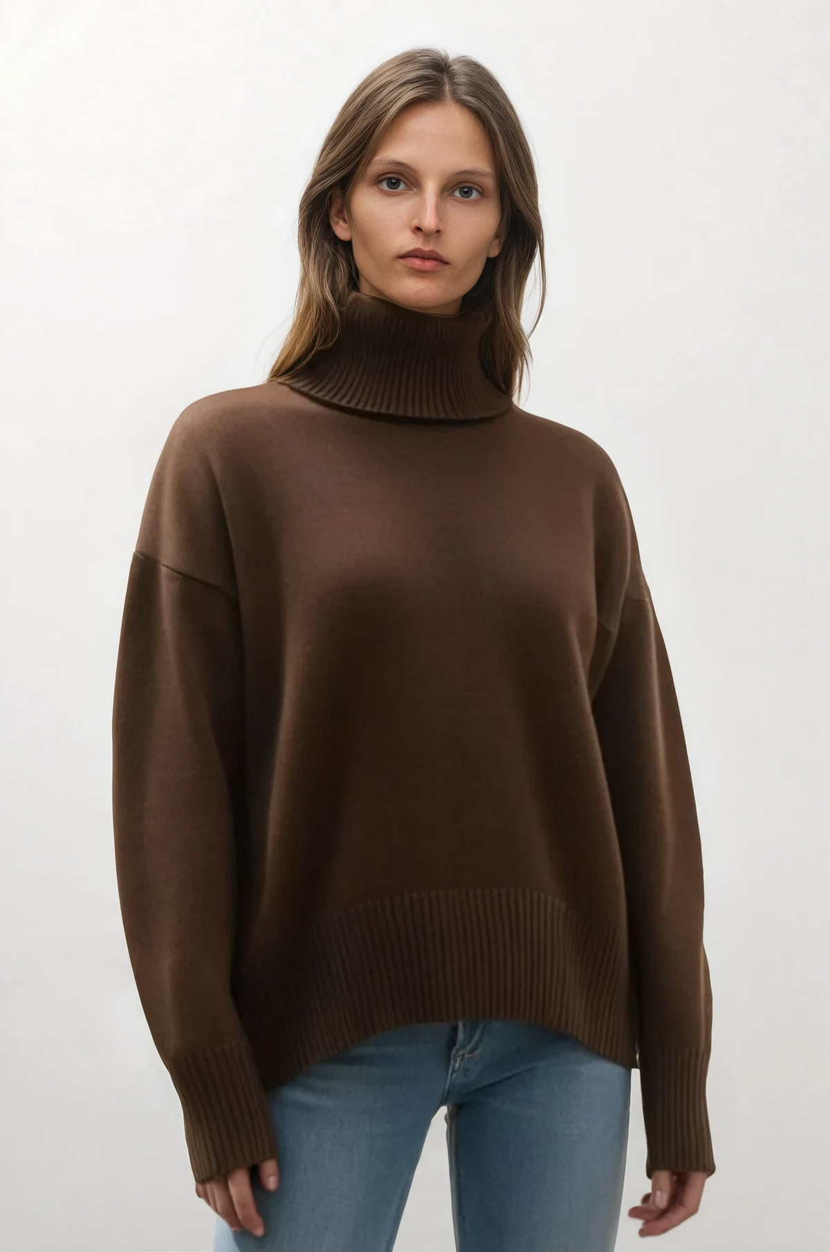 Effortless turtleneck dropped shoulder sweater in solid pattern