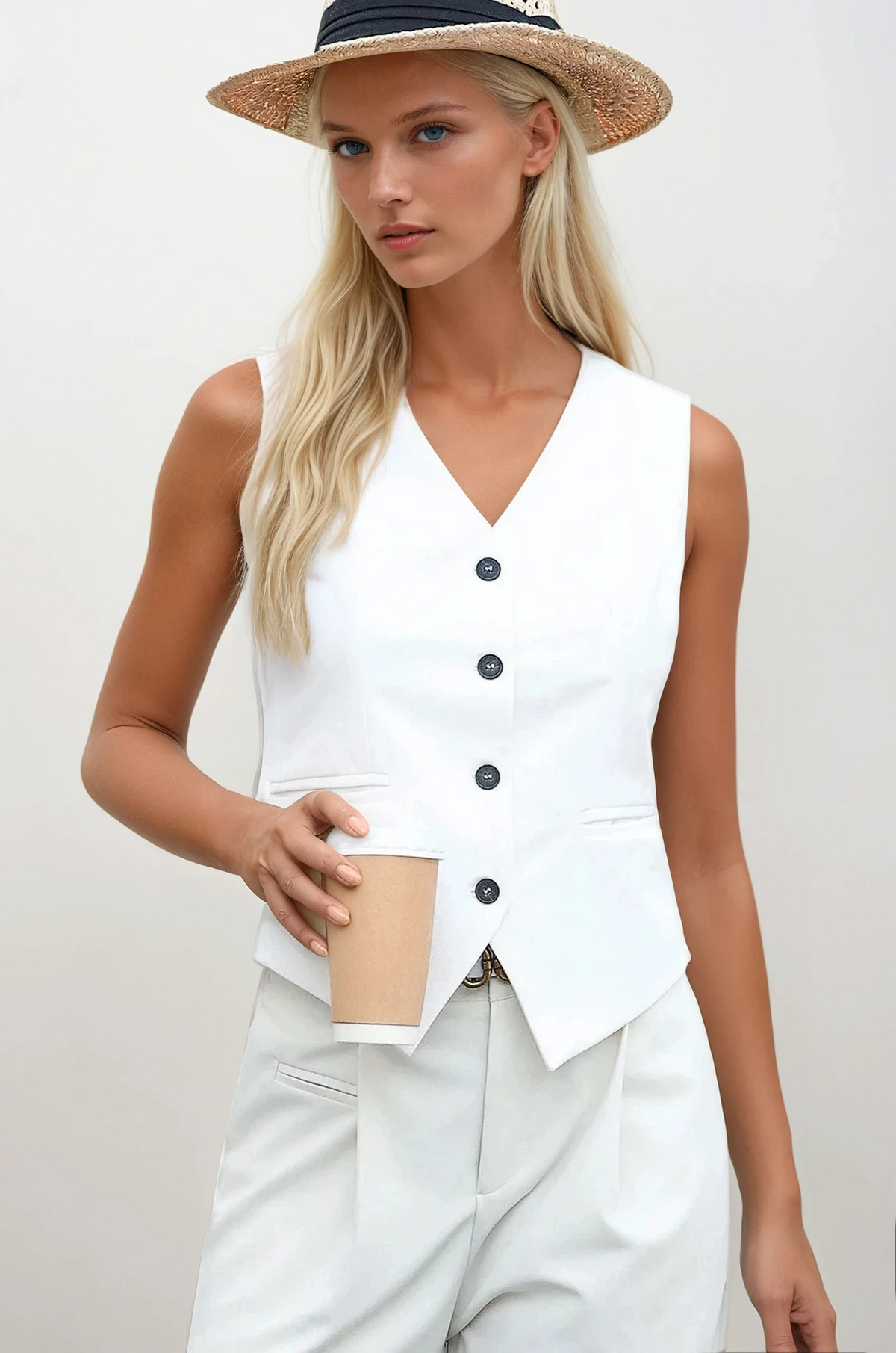 Elevate pocketed button-up vest with v-neck and lightweight fabric