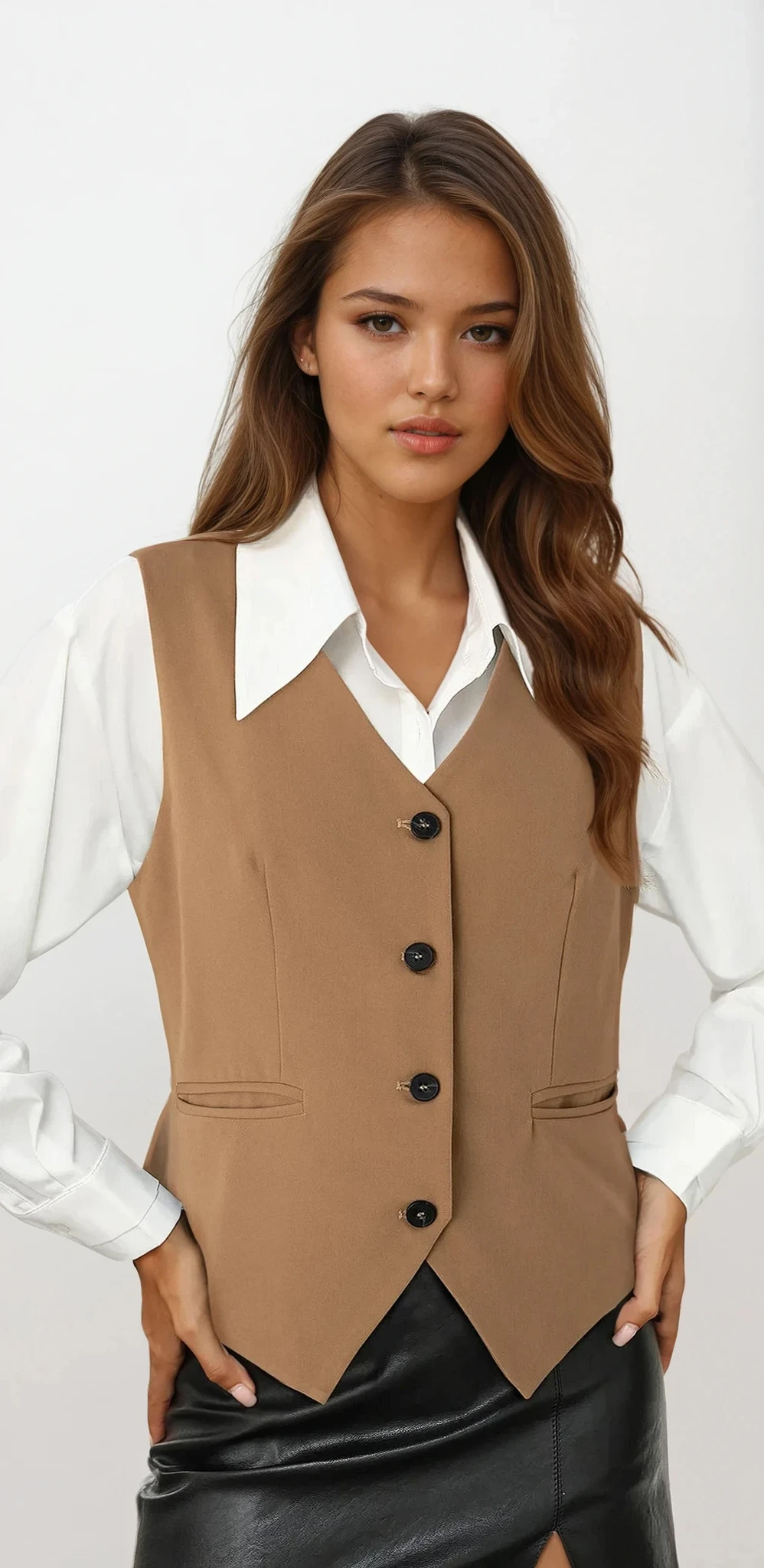 Elevate pocketed button-up vest with v-neck and lightweight fabric
