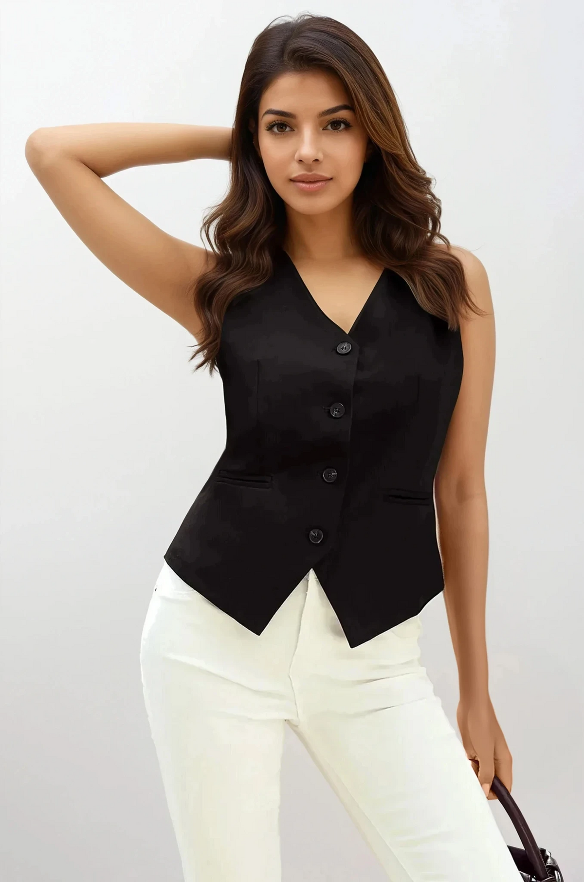 Elevate pocketed button-up vest with elongating v-neck and lightweight material