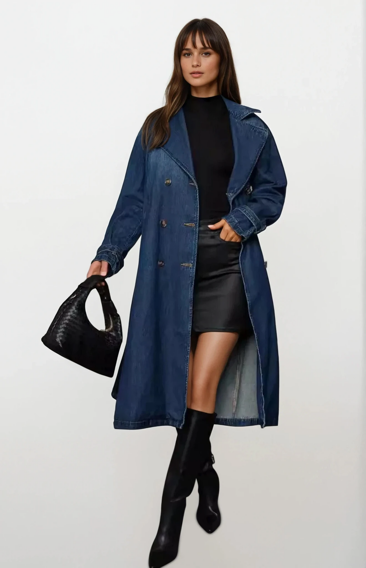 Elite denim trench coat with adjustable belt and buttoned front