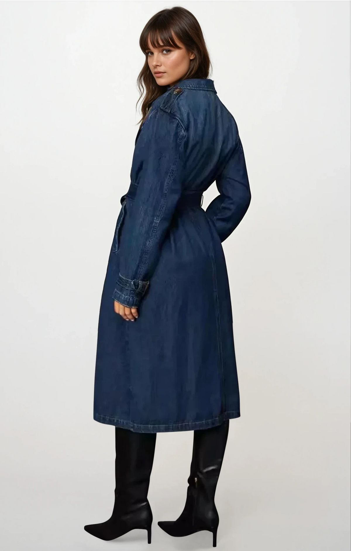 Elite denim trench coat with adjustable belt and classic buttons