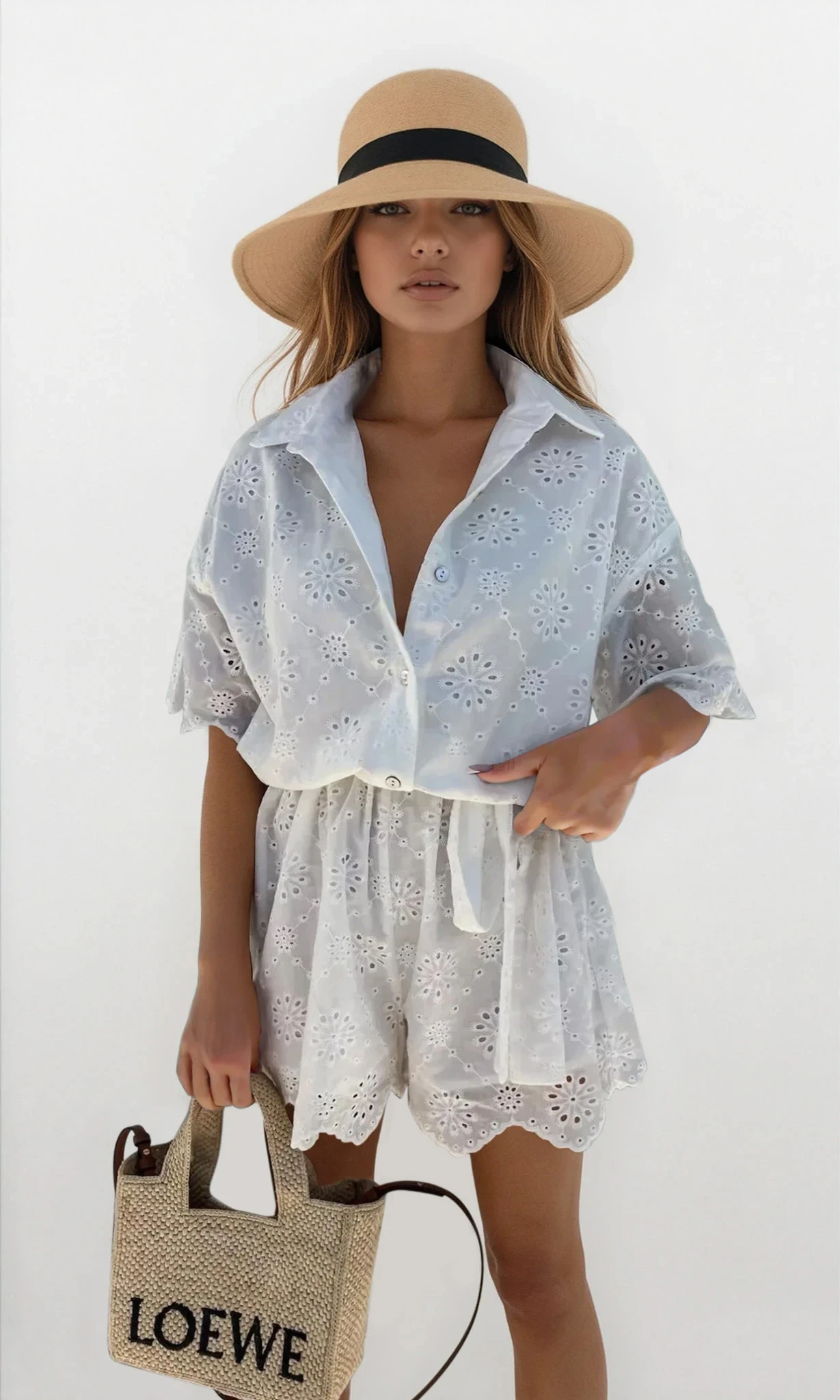 Elysia eyelet lace button-up romper with tied waist and half sleeves