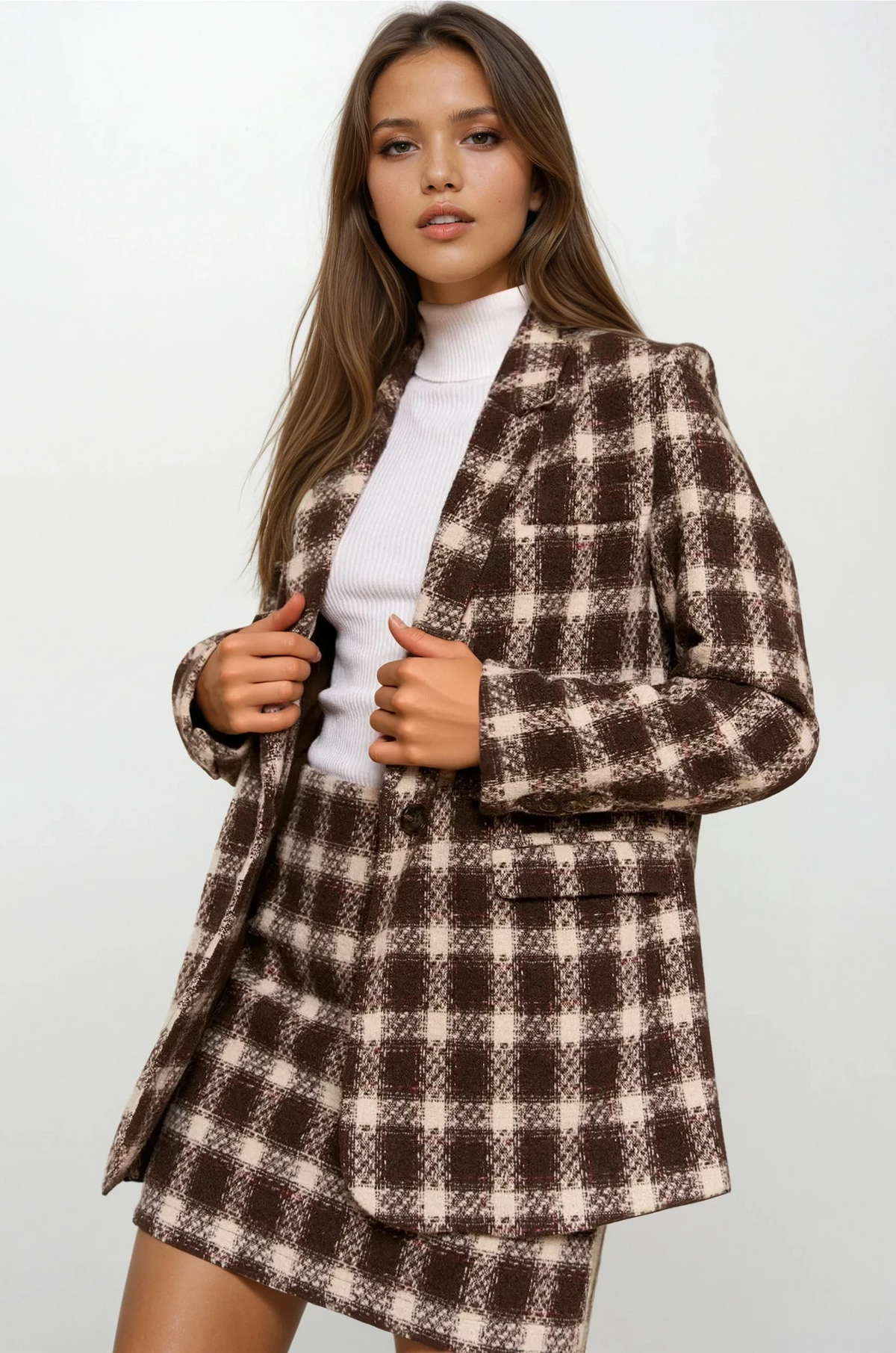 Espresso brushed plaid one-button blazer with soft fabric and tailored fit