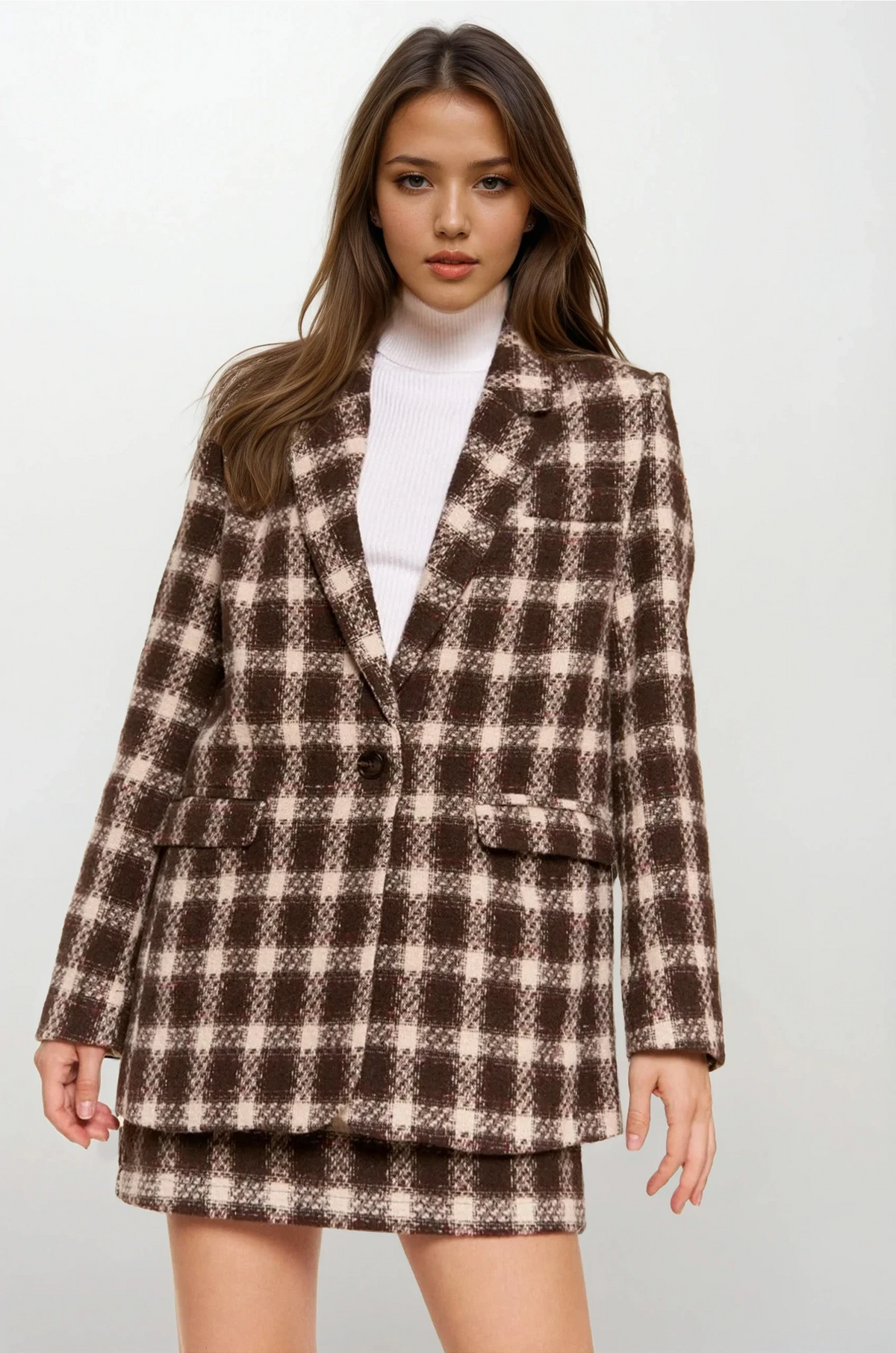 Espresso brushed plaid one-button blazer with soft fabric and classic pattern