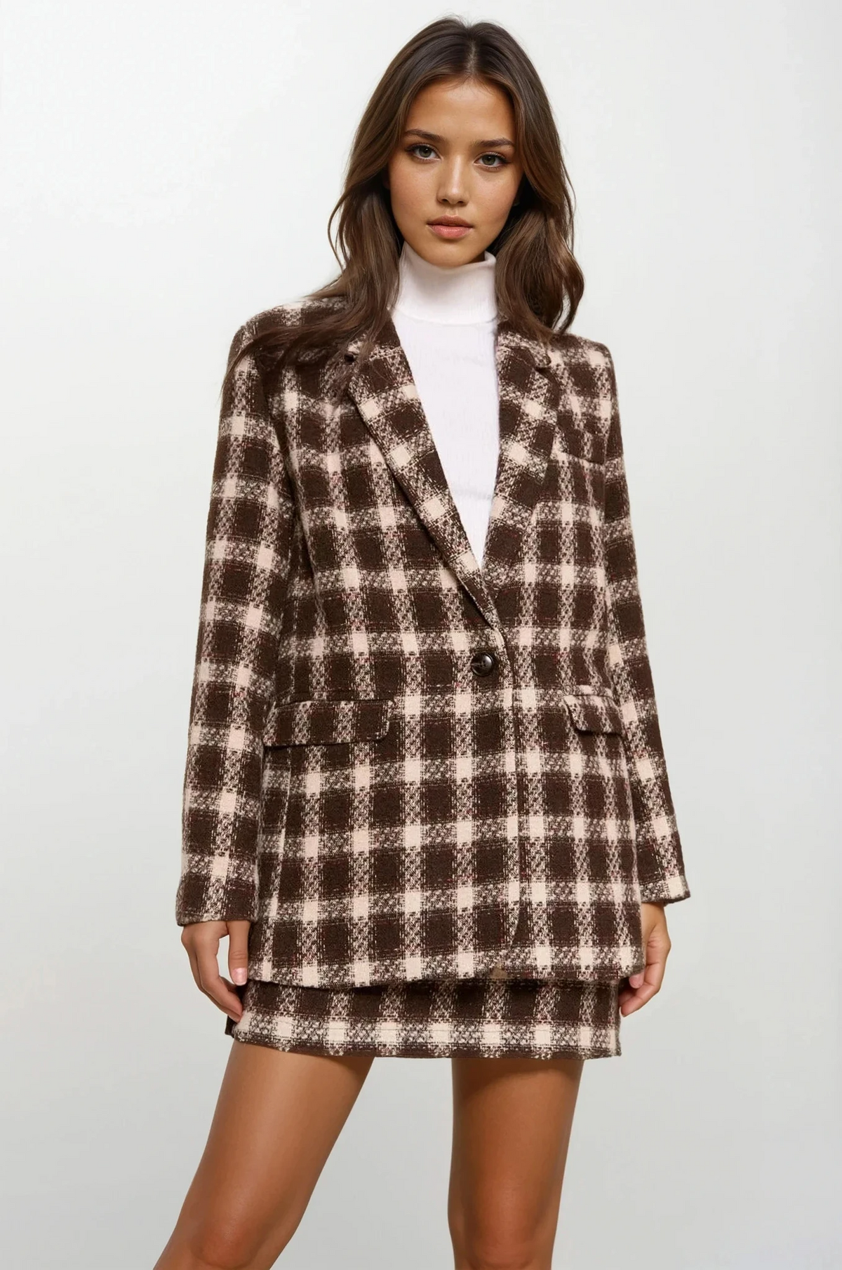 espresso brushed plaid one-button blazer with tailored fit