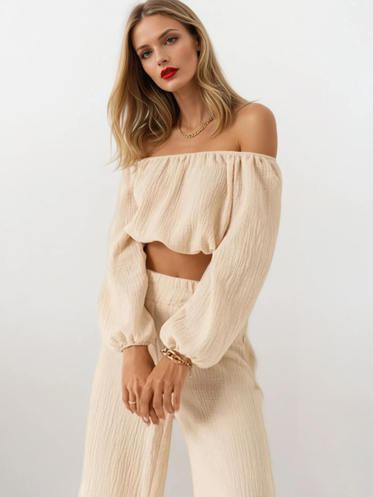 Eversoft off shoulder long sleeve top and pants set in solid cotton