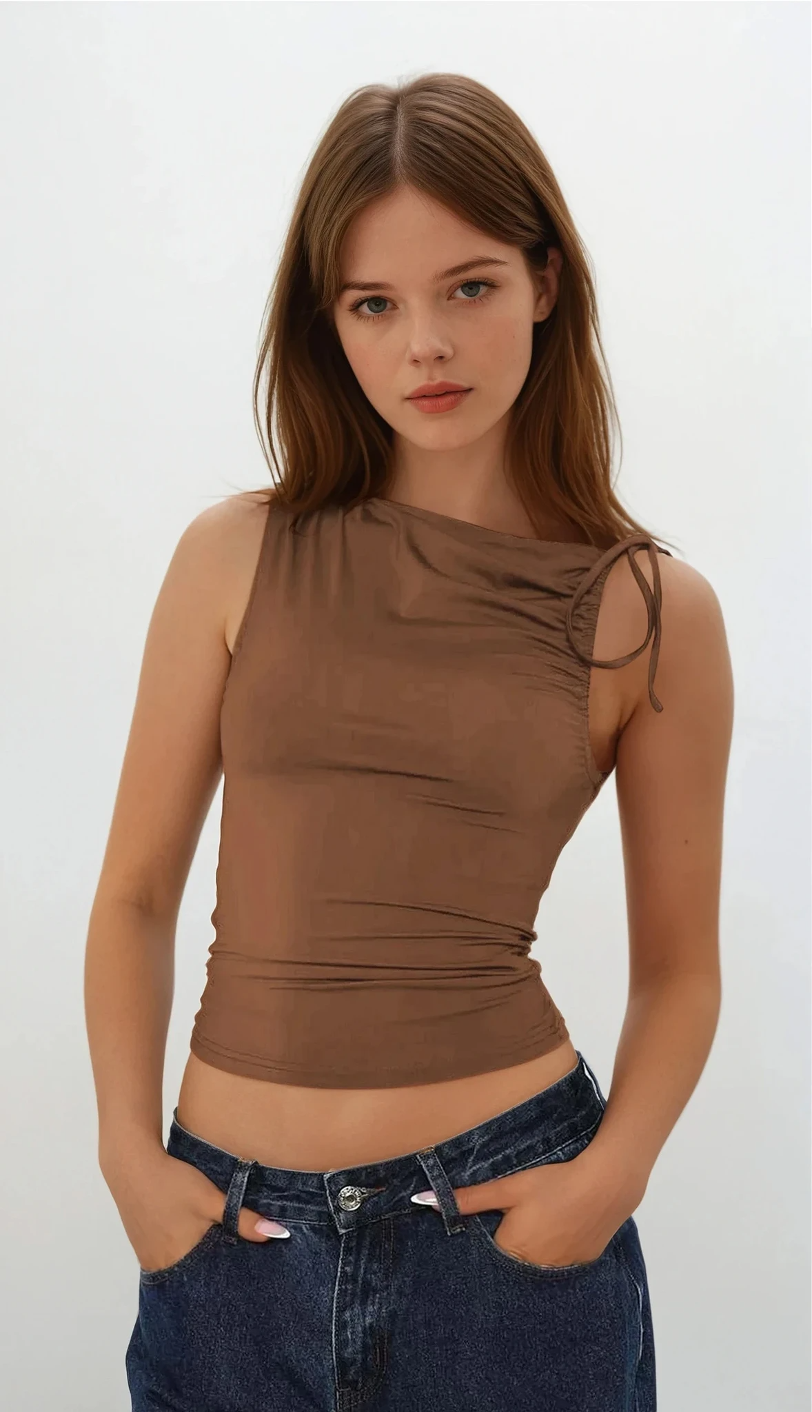 Everyday asymmetrical neck ruched sleeveless cami top