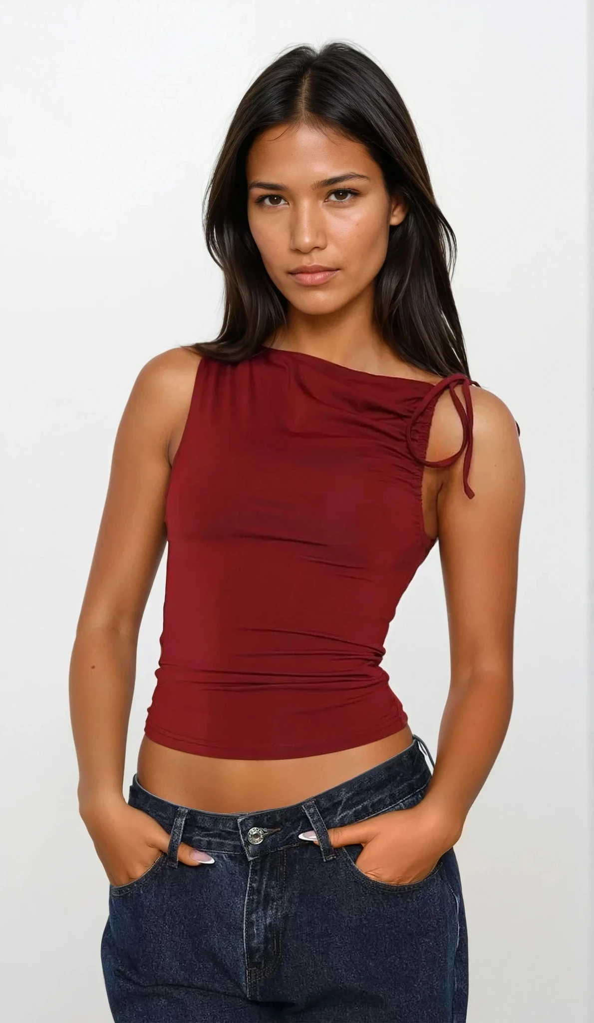 Versatile asymmetrical neck ruched sleeveless cami in solid color