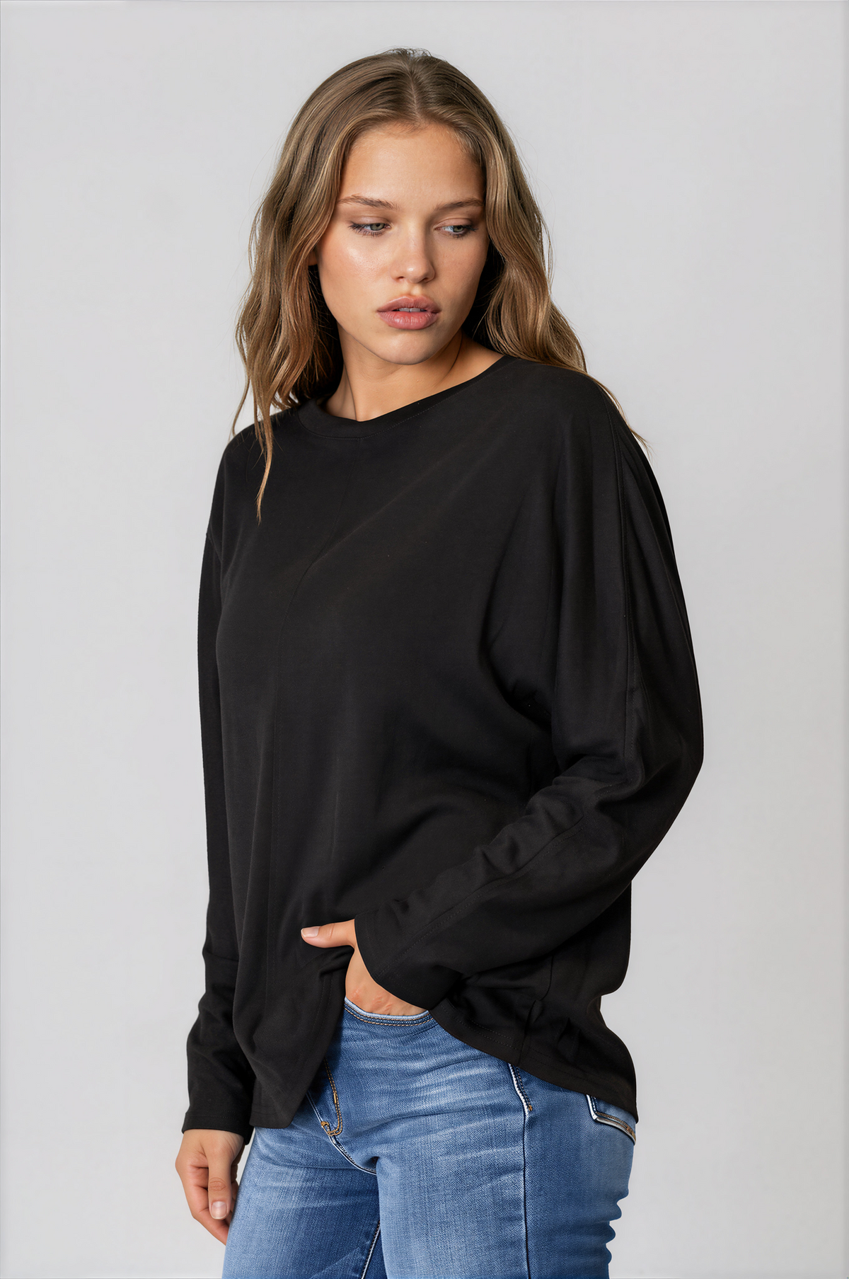 Everyday Round Neck Long Sleeve Top in solid black with a soft, lightweight drape, round neckline, and long sleeves