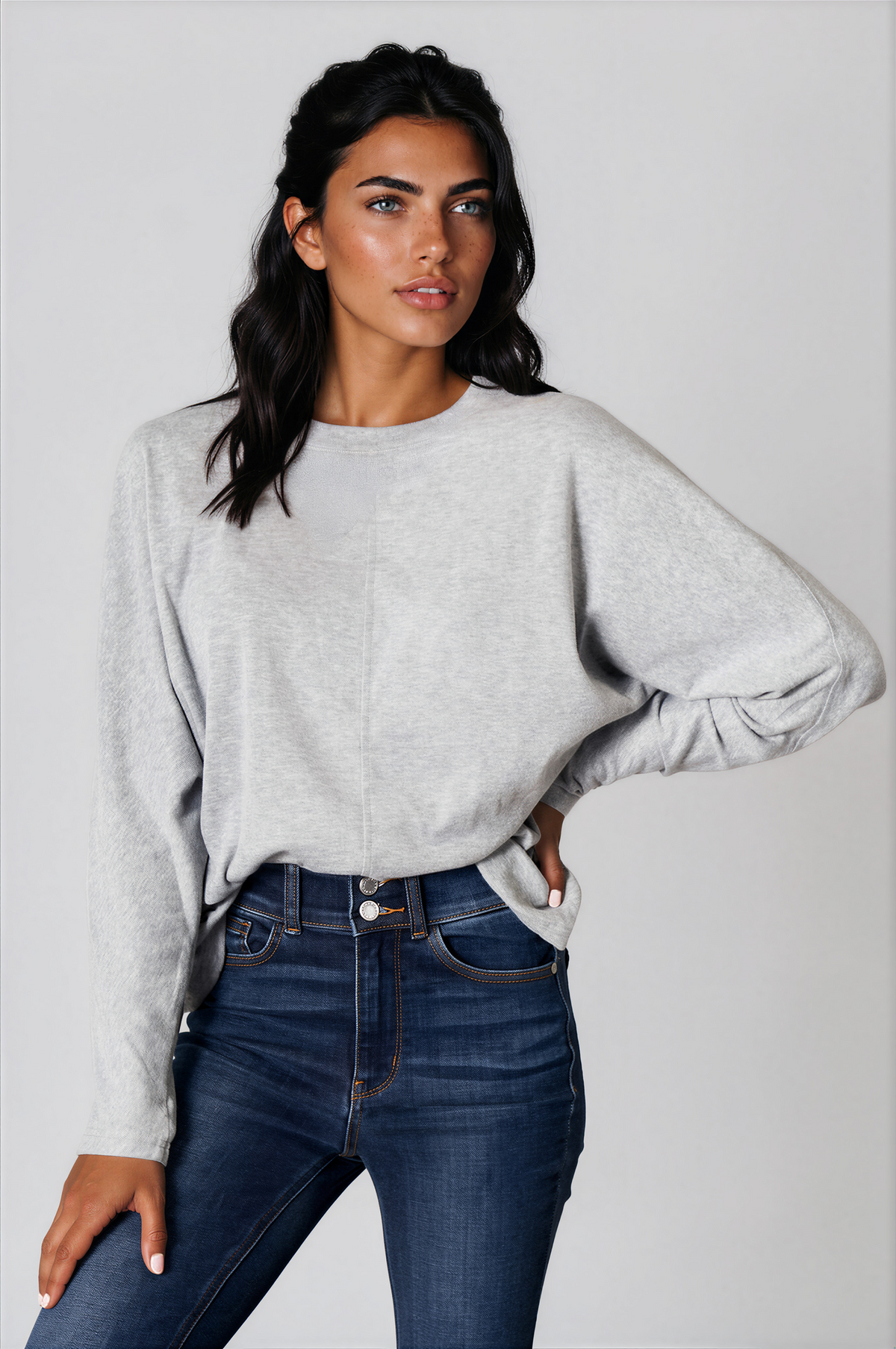 Everyday Round Neck Long Sleeve Top in light gray, with a solid, soft-looking fabric, relaxed sleeves and a round neckline