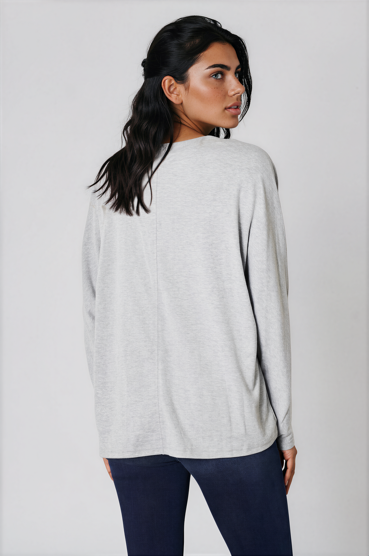 Everyday Round Neck Long Sleeve Top in light gray with a solid, soft-looking fabric, relaxed fit, and long sleeves