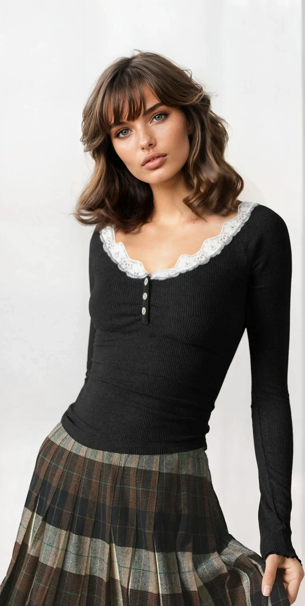 Lace Trim Scoop Neck Long Sleeve