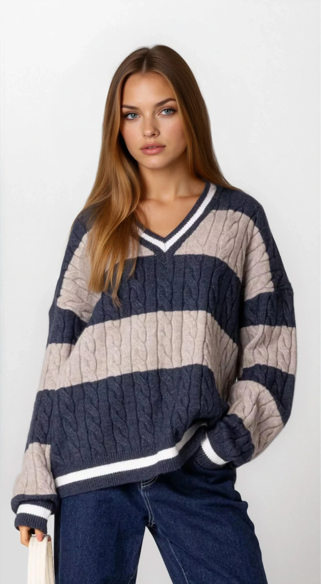 Oversized Striped Cable Knit V-Neck Sweater