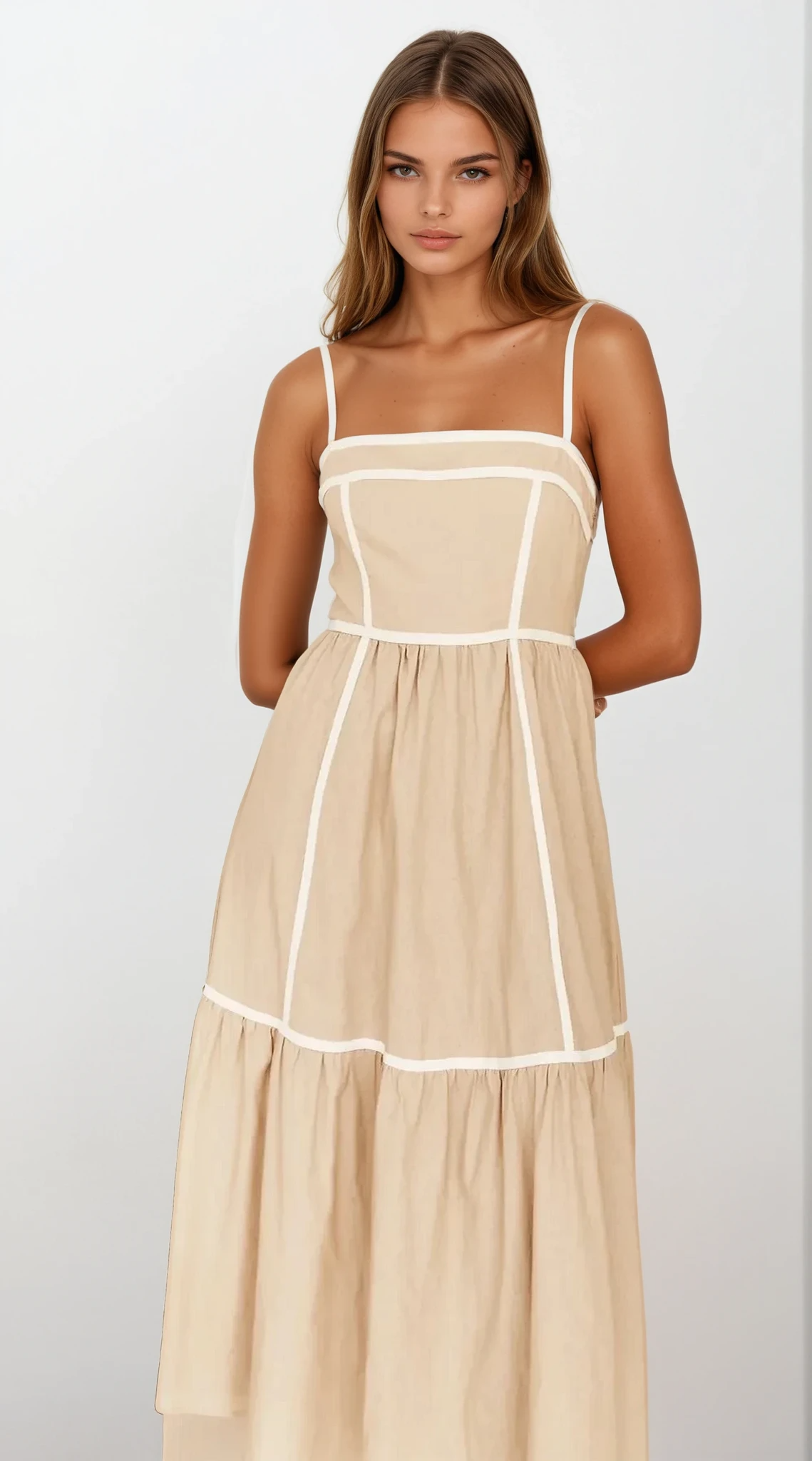 Light blue square neck ruched cami midi dress by Trendsi, showcasing fitted bodice and elegant midi length.