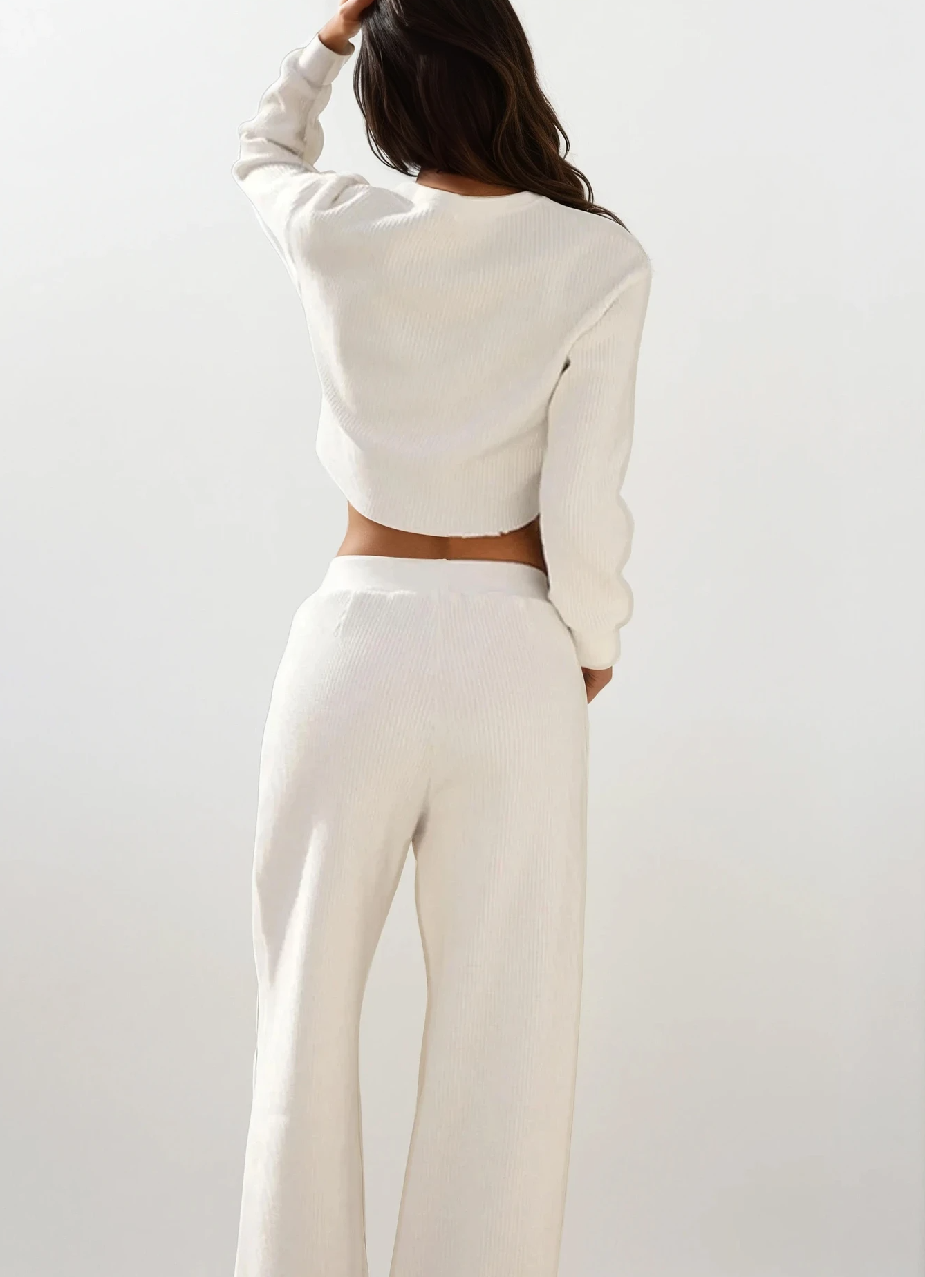 Waffle-Knit Crew Neck Top and Pant Set