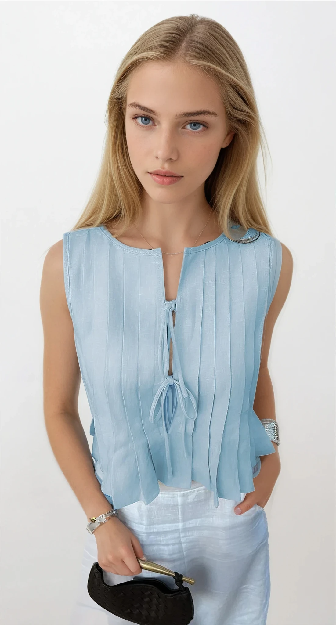 Pleated Tied Round Neck Vest