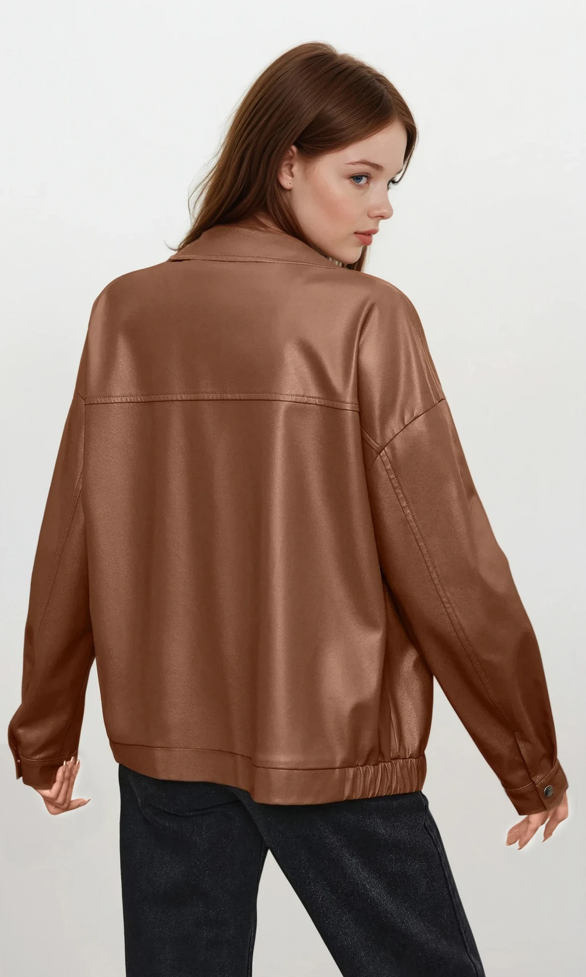 Faux leather collared neck full zip jacket with long sleeves