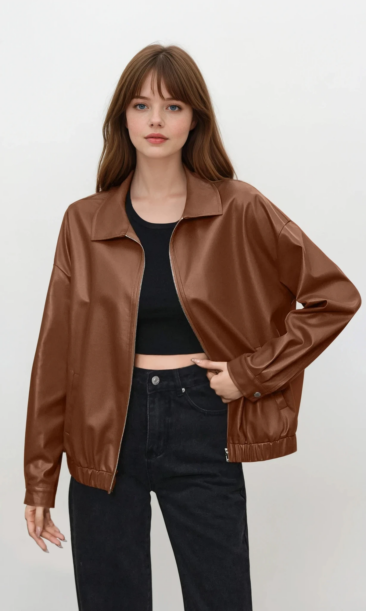 faux leather full zip jacket with collared neck and long sleeves
