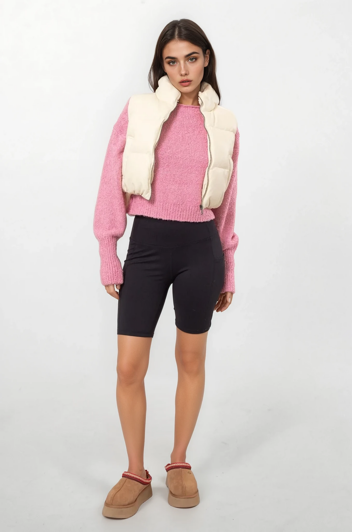 Cream faux leather full zip cropped puffer vest with stand collar