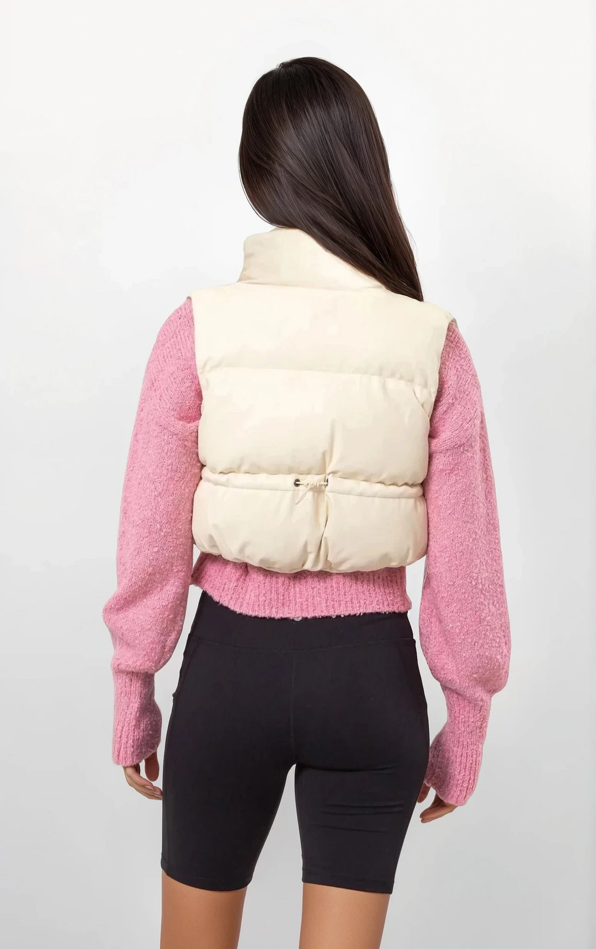 Cream faux leather full zip cropped puffer vest with quilted design