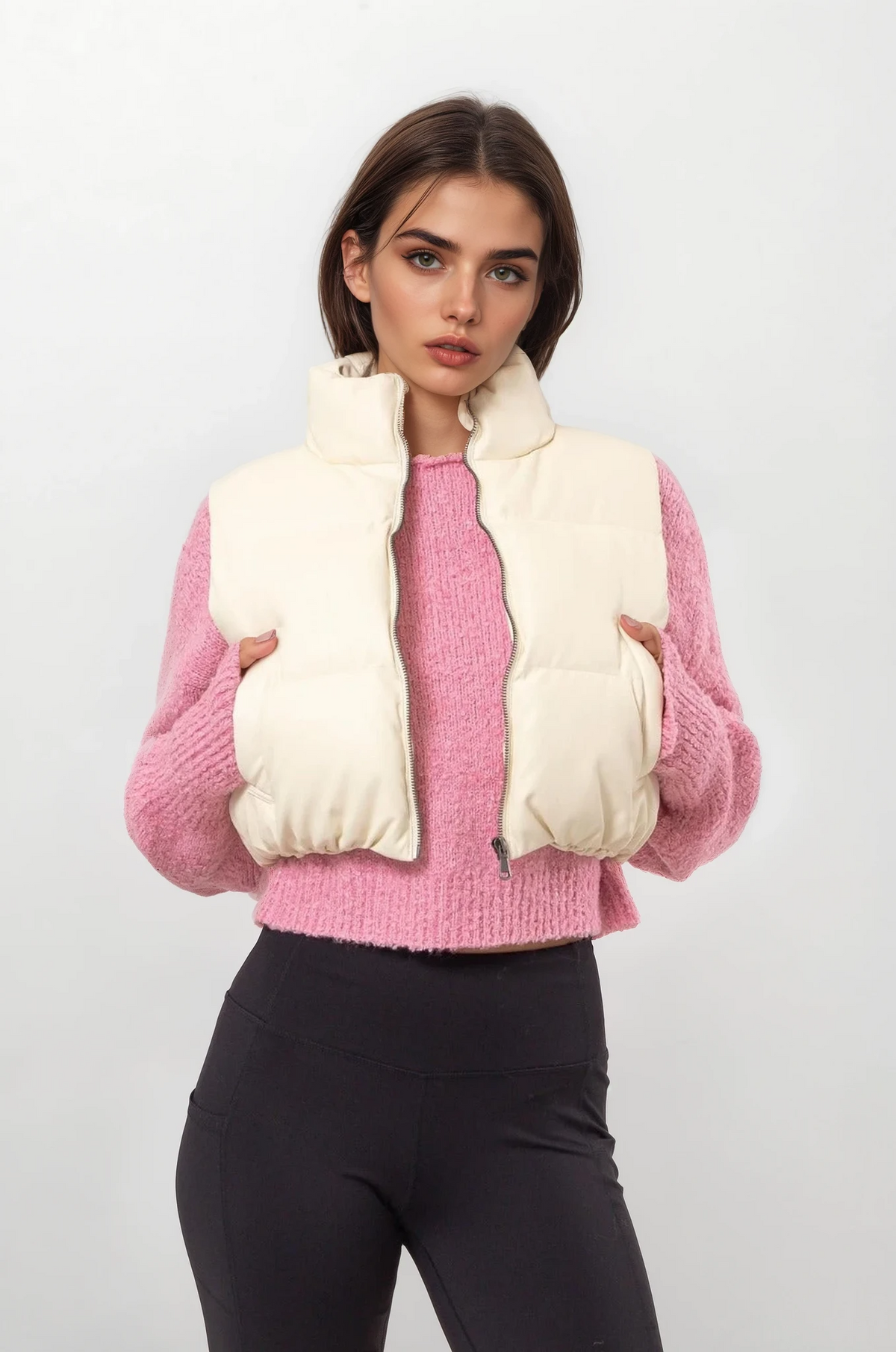 Cream faux leather cropped puffer vest with full zip and stand collar