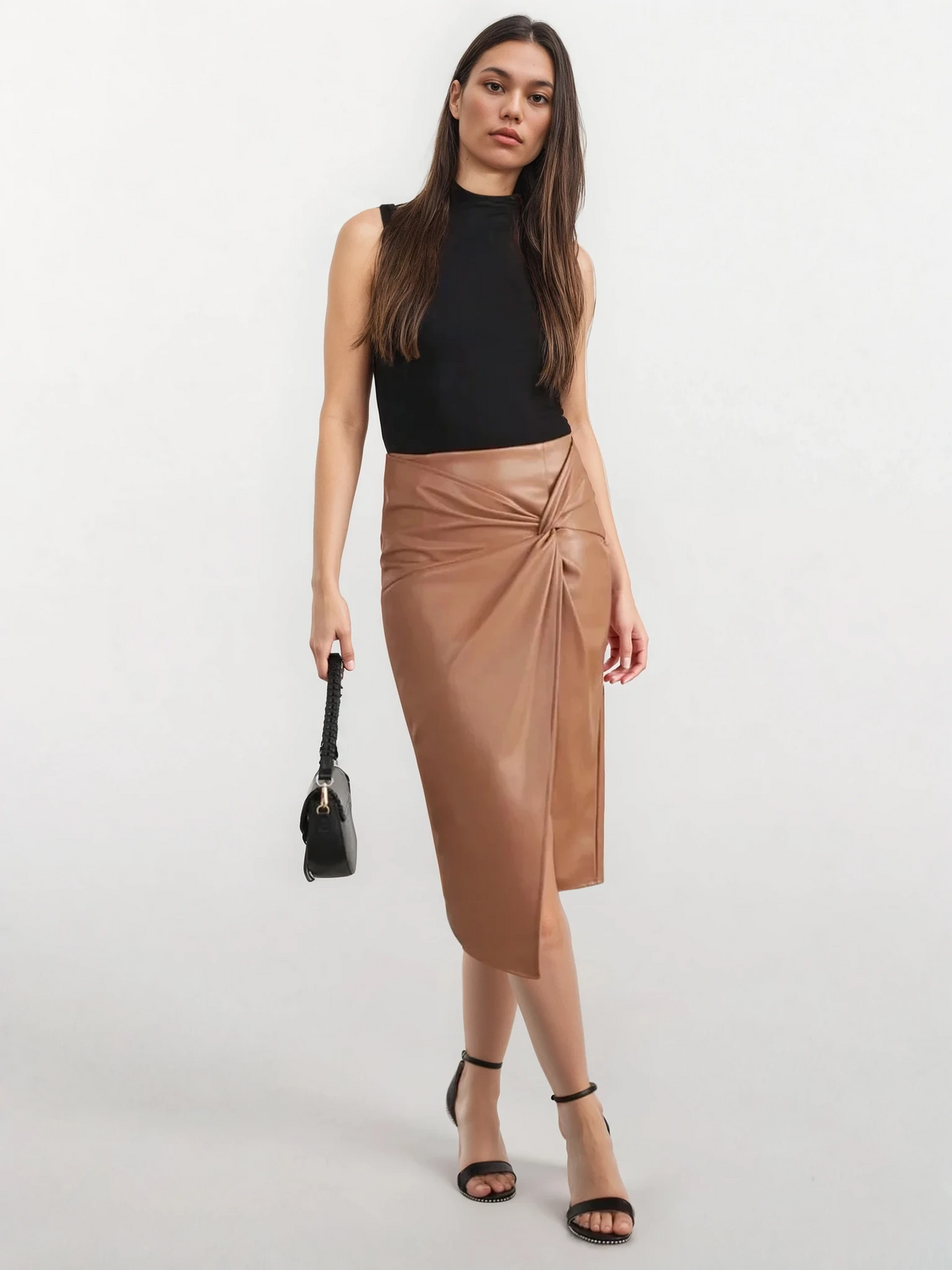 faux leather twisted high-waist slit midi skirt in black