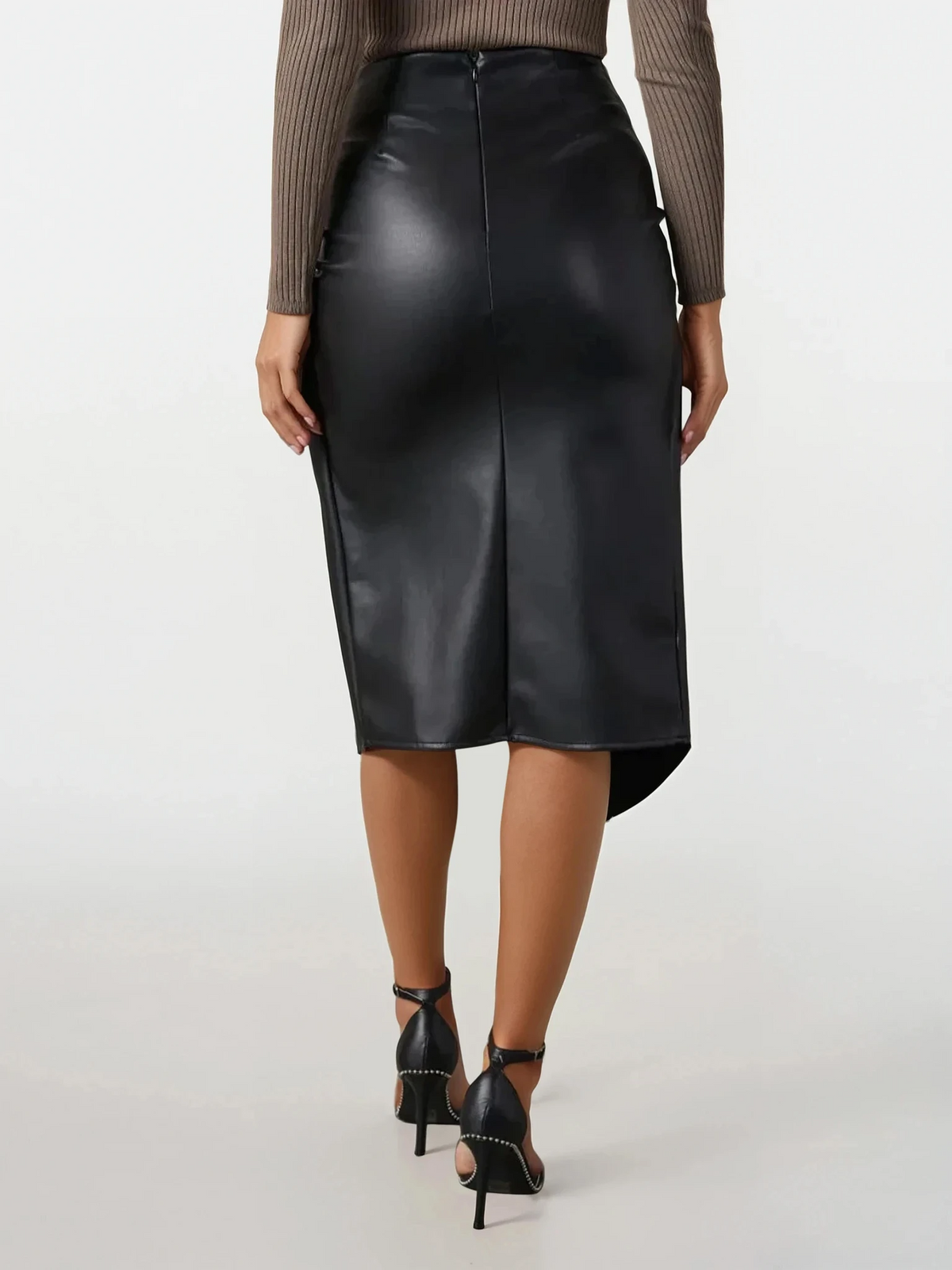 faux leather twisted high-waist slit midi skirt in black