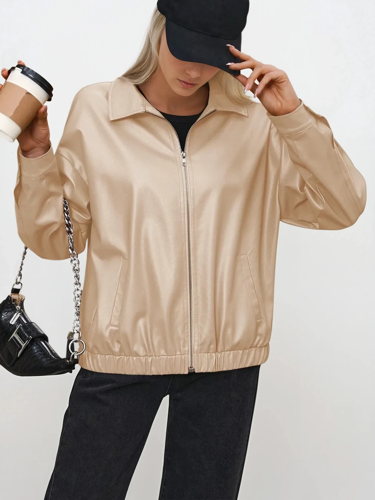 faux leather collared neck full zip jacket with long sleeves