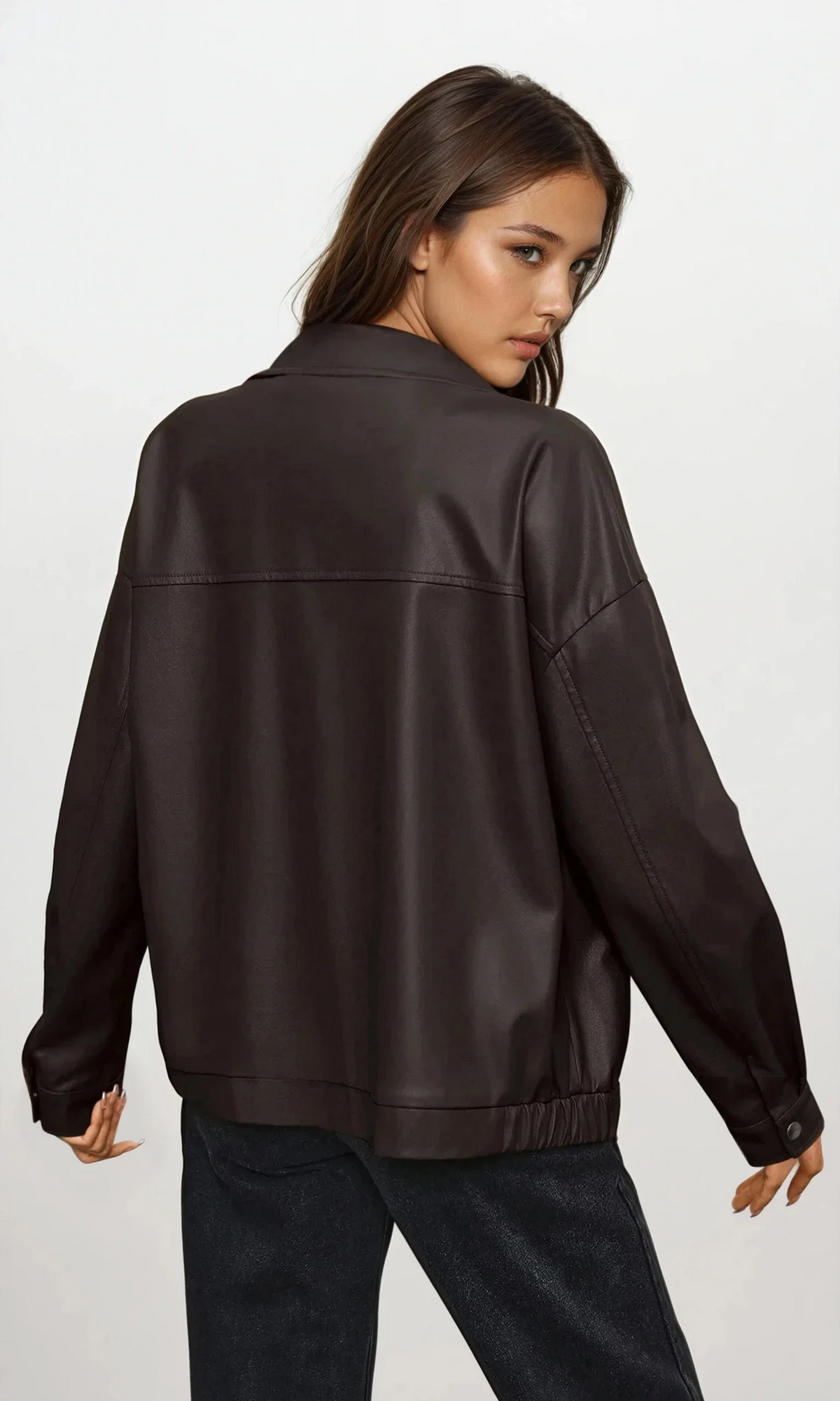 Faux leather collared neck full zip jacket for layered fashion