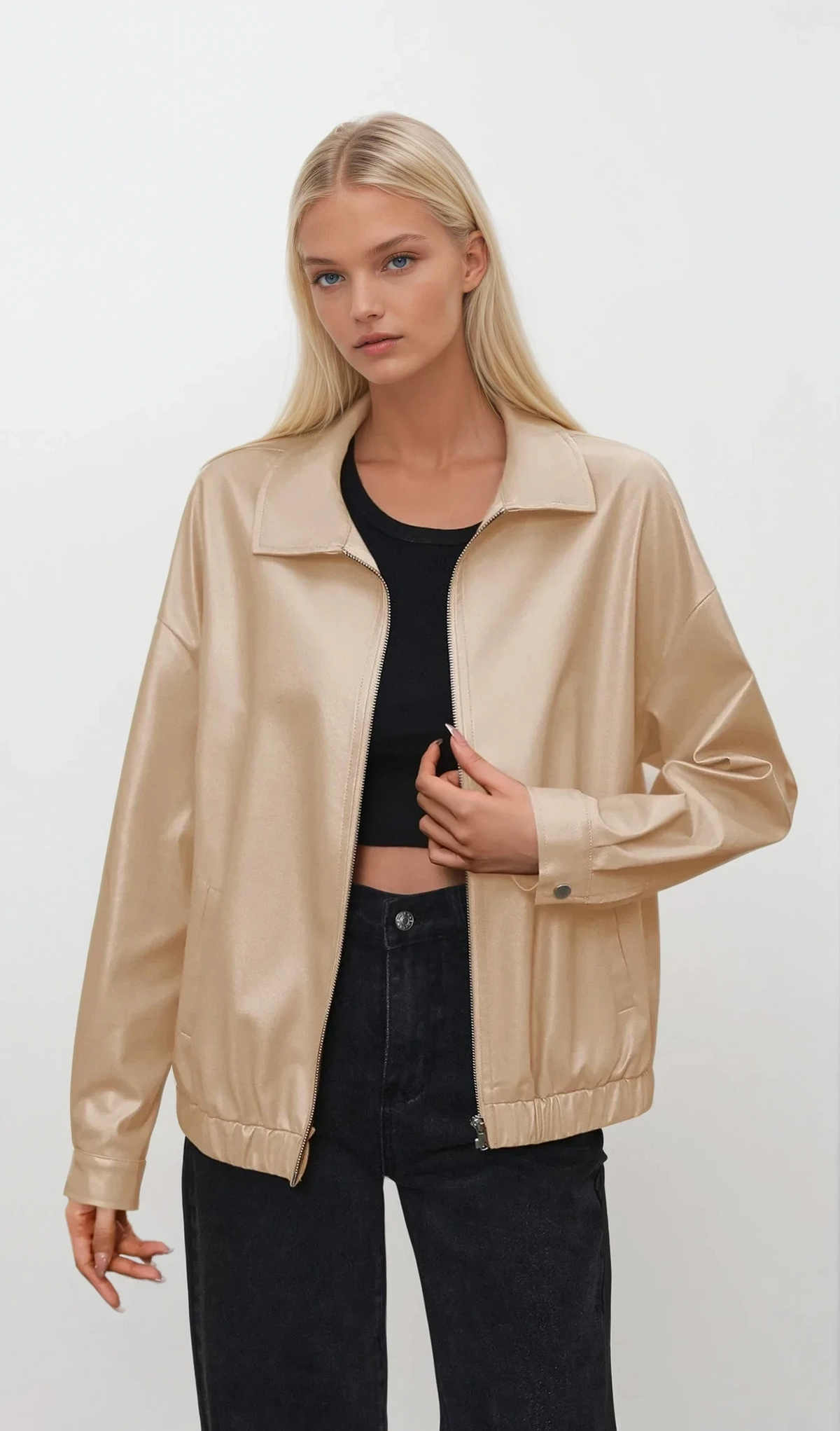 Faux leather full zip jacket with collared neck and long sleeves