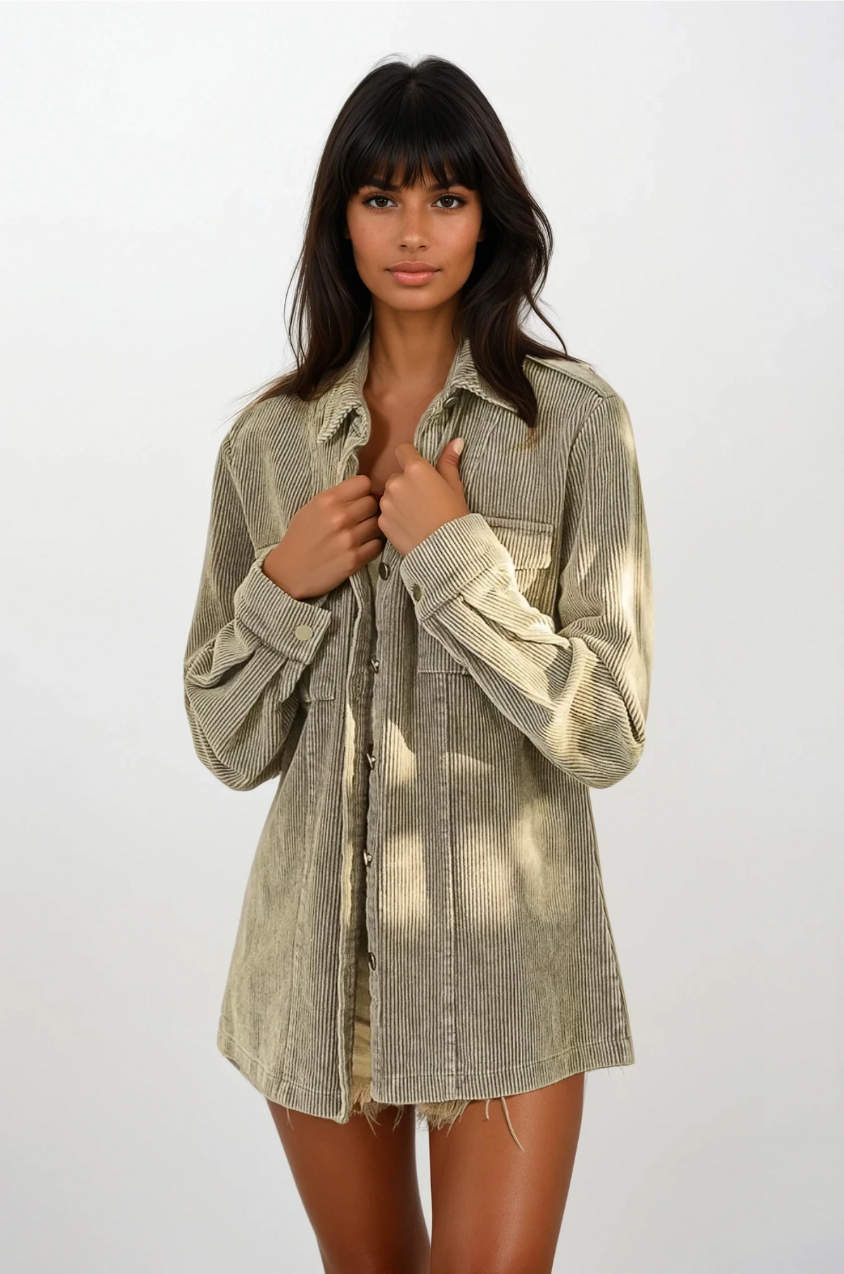 Fog button-up corduroy shacket with long sleeves and ribbed texture
