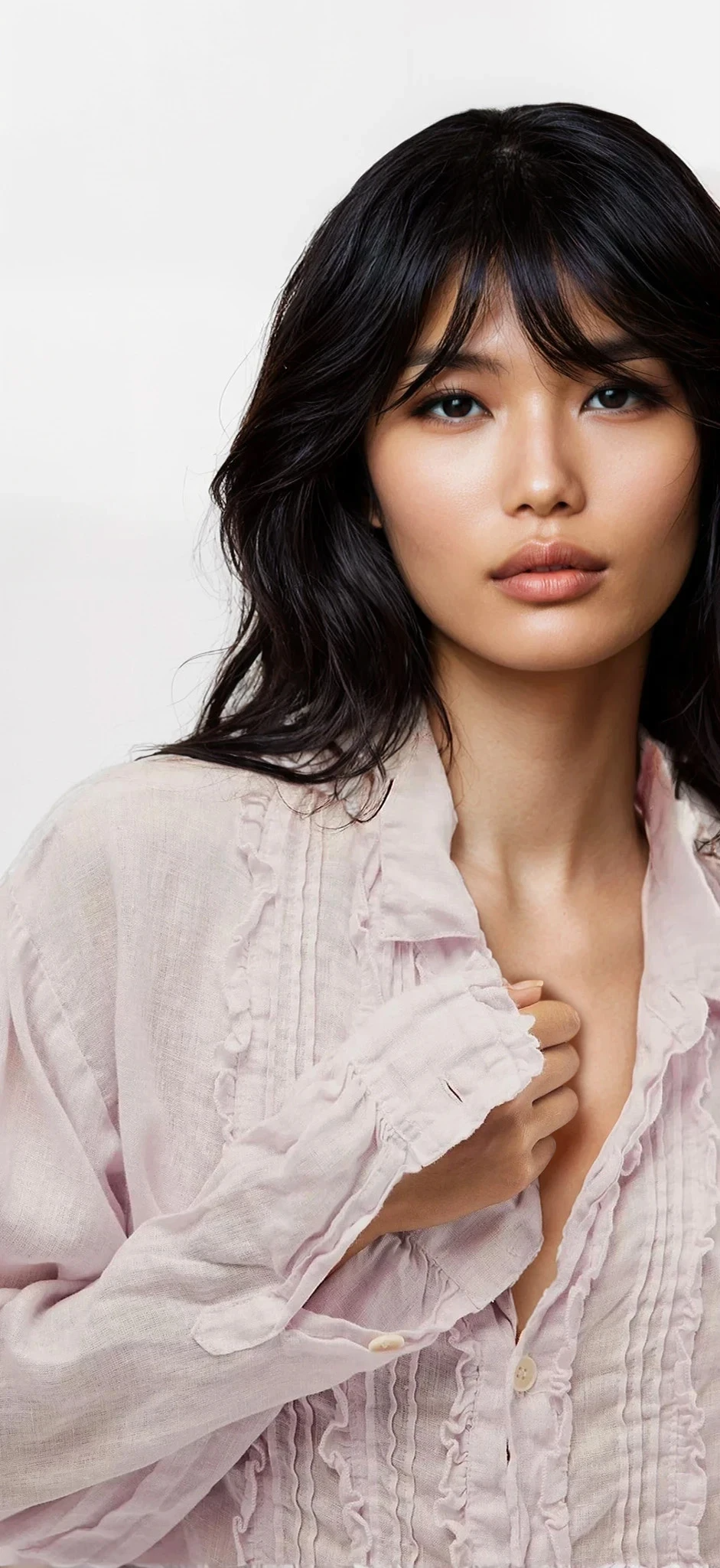 Frill Ruched Collared Neck Button-Down Long Sleeve